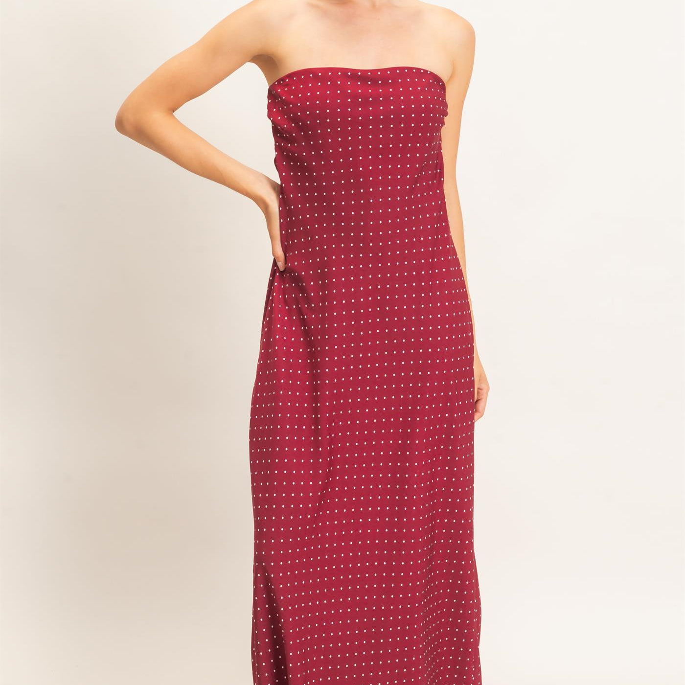 Wholesale Strapless Polka Dot Maxi Dress Dresses HF26E845 BURGUNDY HYFVE