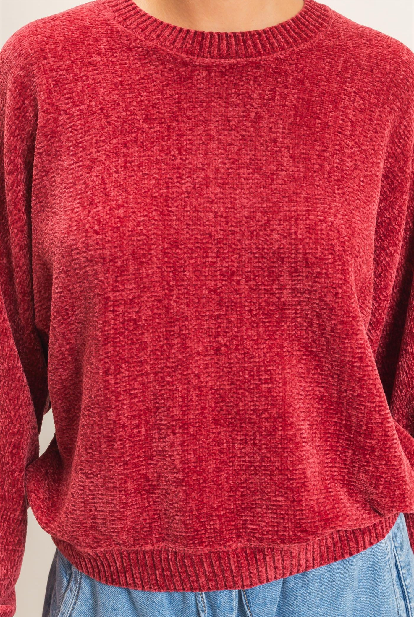 Wholesale Chenille Crew Neck Sweater Sweaters DZ26E264 DARK RED DOUBLE ZERO