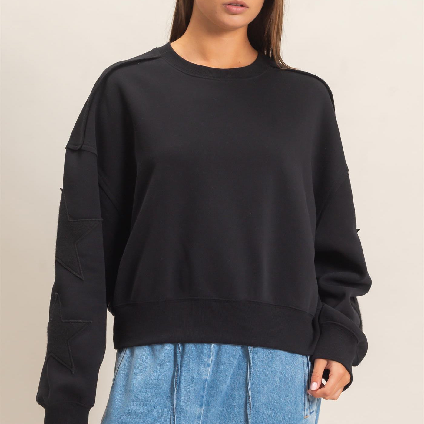 Wholesale Star Patch Sleeve Sweatshirt Sweatshirts DZ26E888 BLACK DOUBLE ZERO