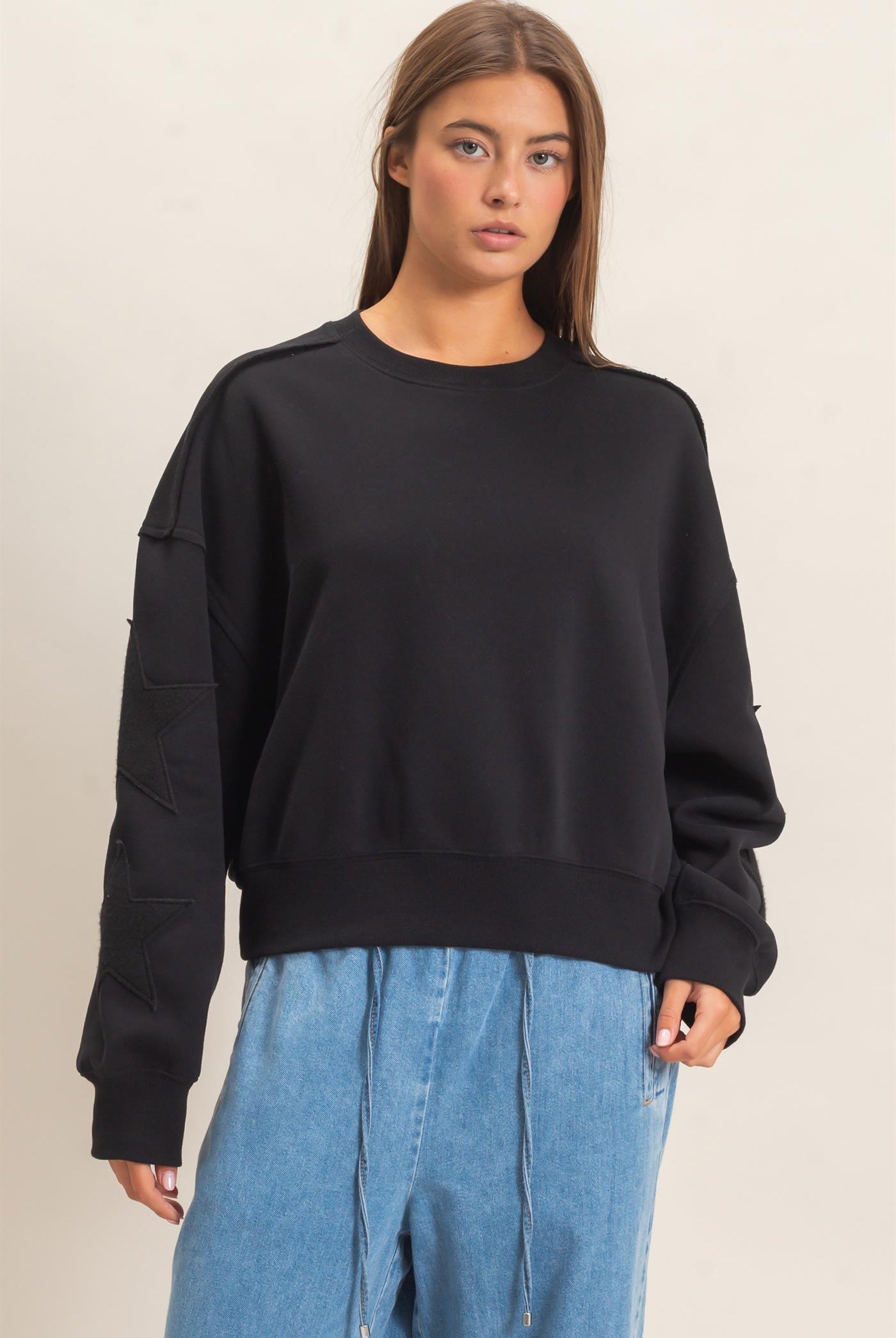 Wholesale Star Patch Sleeve Sweatshirt Sweatshirts DZ26E888 BLACK DOUBLE ZERO