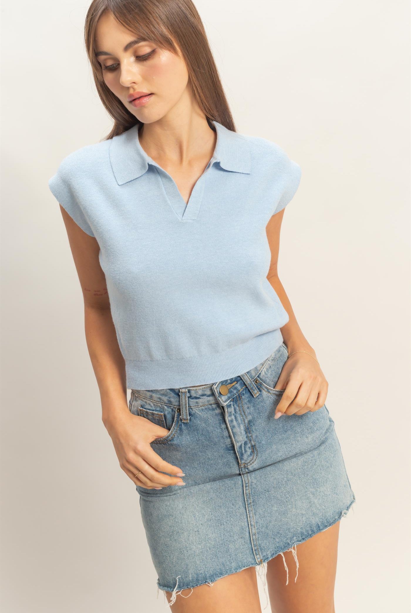 Wholesale Sleeveless Collared Knit Top Clothing Tops HF26A631 BLUE HYFVE