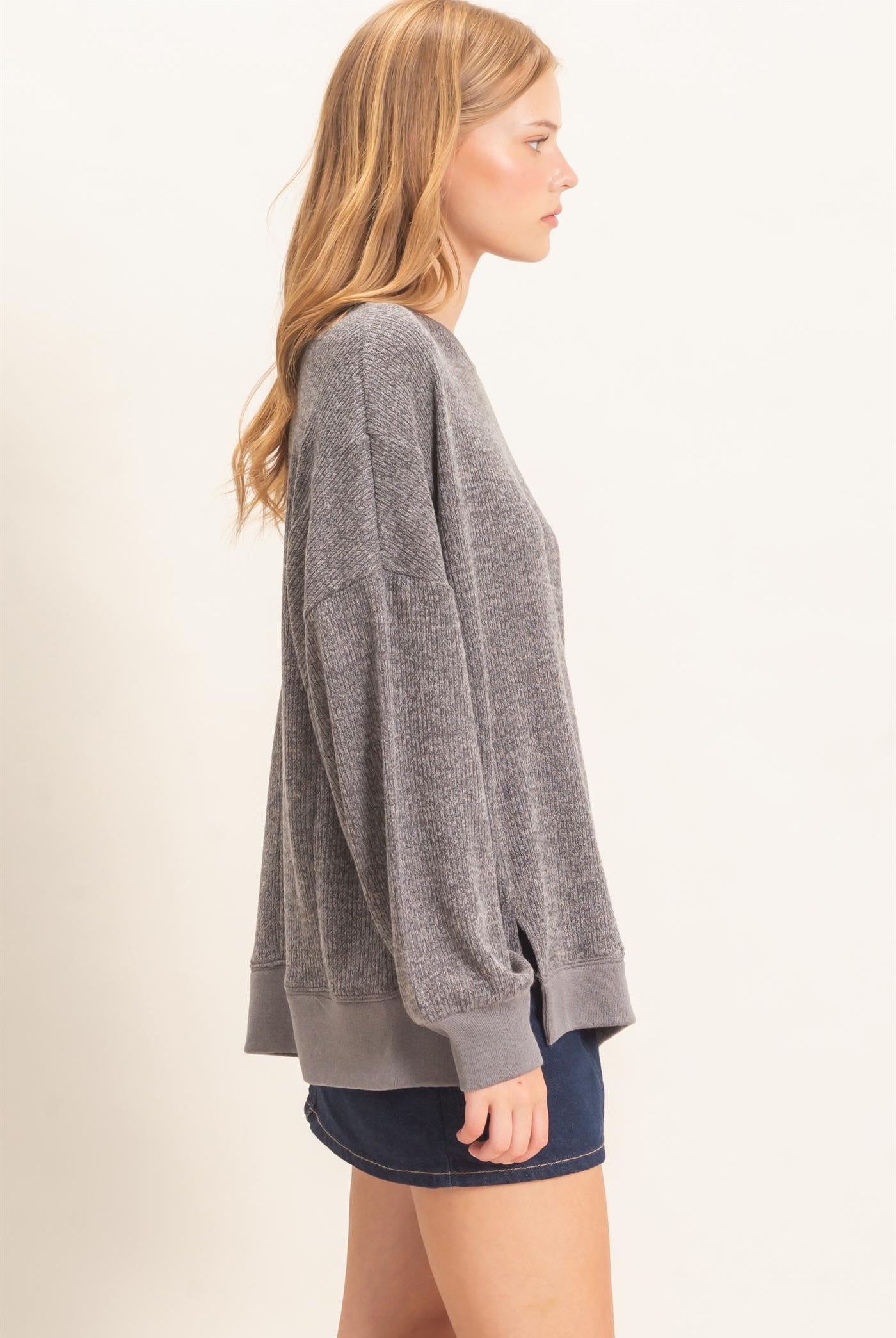 Wholesale Ribbed Boat Neck Knit Top Clothing Tops HF26E852 GRAY HYFVE