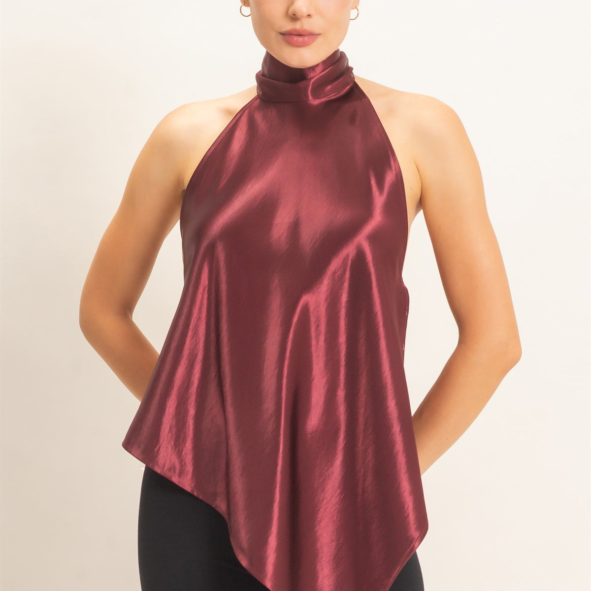 Wholesale Asymmetrical Satin Halter Top Blouses HF26F114 WINE HYFVE