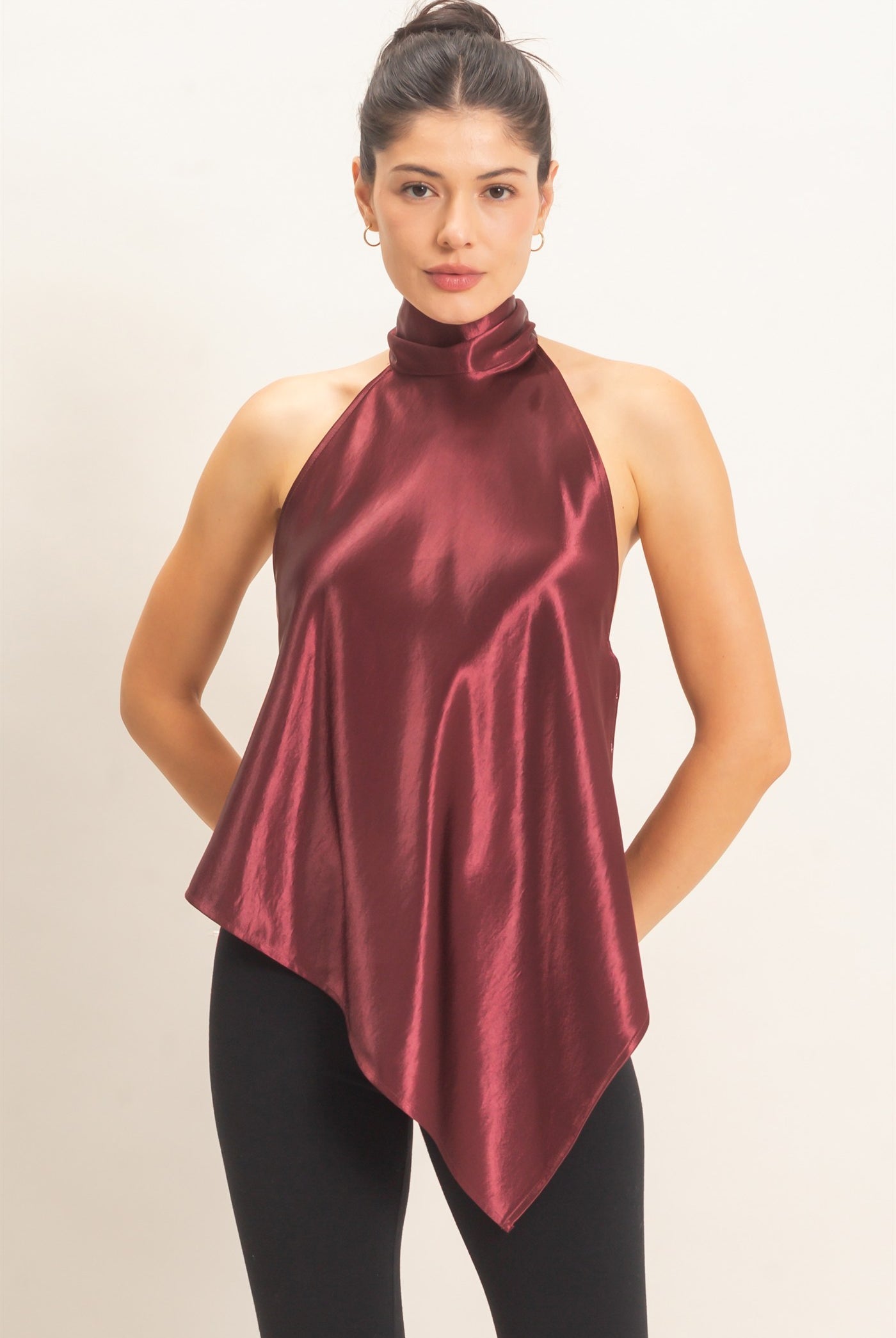 Wholesale Asymmetrical Satin Halter Top Blouses HF26F114 WINE HYFVE