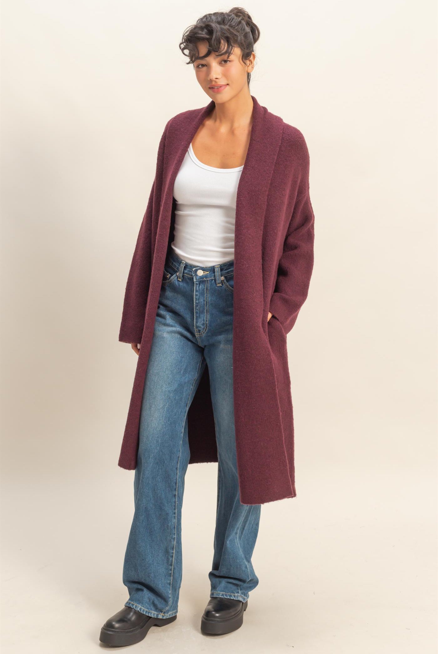 Wholesale Longline Open Front Duster Sweater Cardigans DZ25F435 DARK CHERRY DOUBLE ZERO