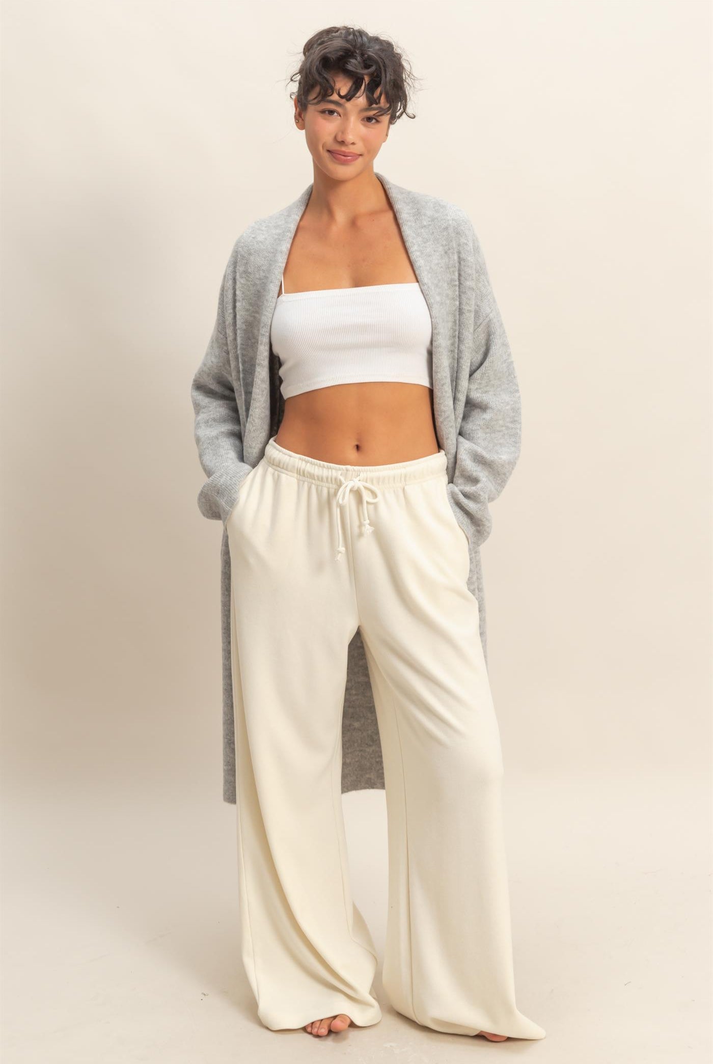 Wholesale Longline Open Front Duster Sweater Cardigans DZ25F435 HEATHER GRAY DOUBLE ZERO