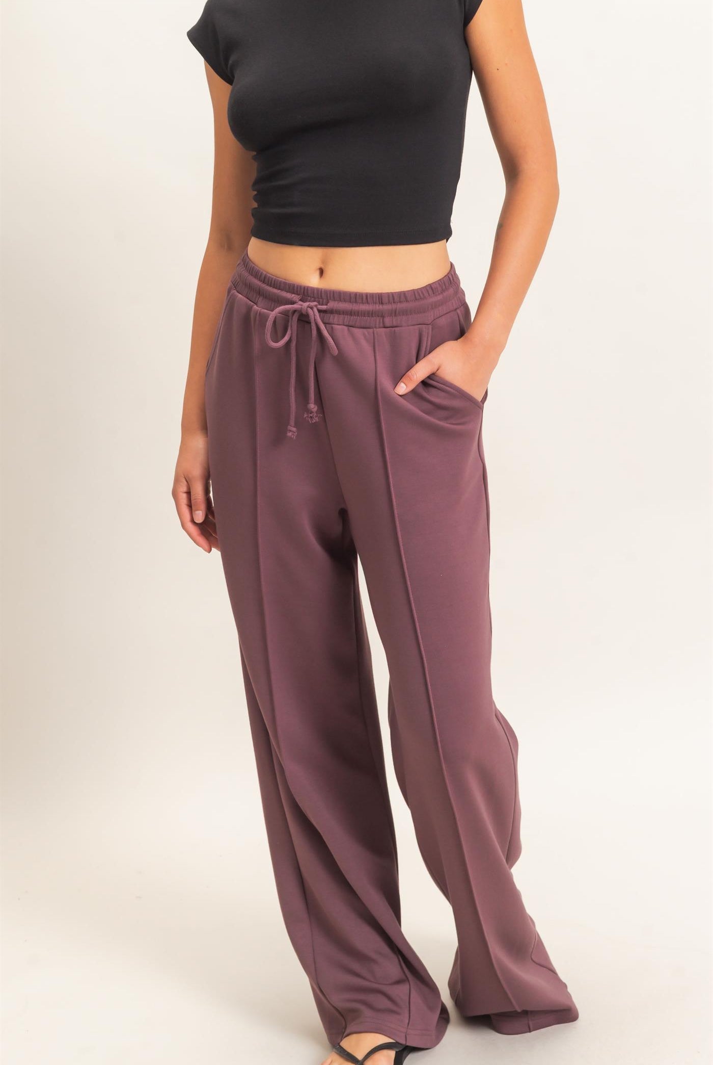 Wholesale Drawstring Waist Pintuck Wide Leg Pants Pants DZ26E384 COCOA HYFVE