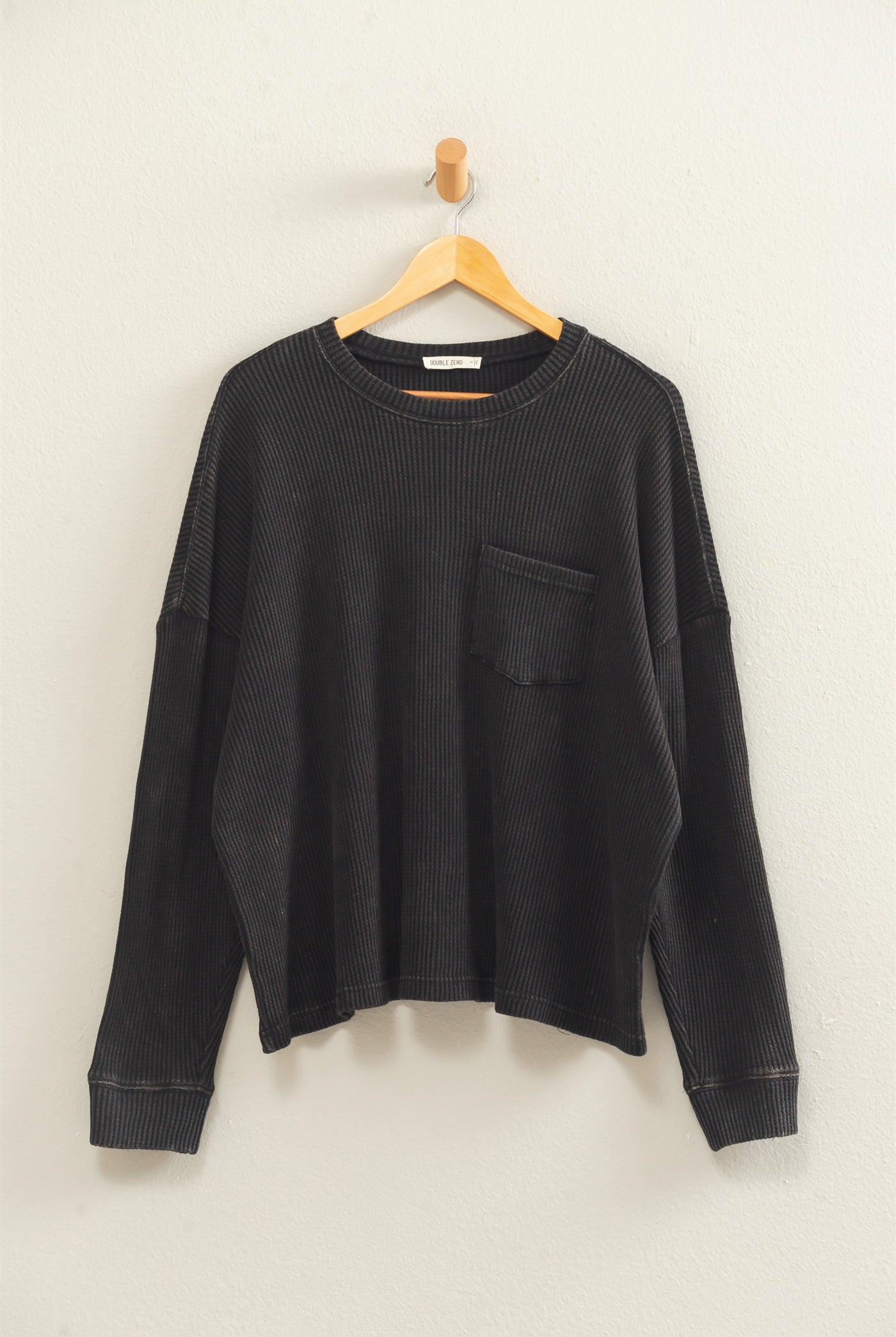 Wholesale Mineral Wash Waffle Long Sleeve Top Clothing Tops DZ26F242 BLACK DOUBLE ZERO