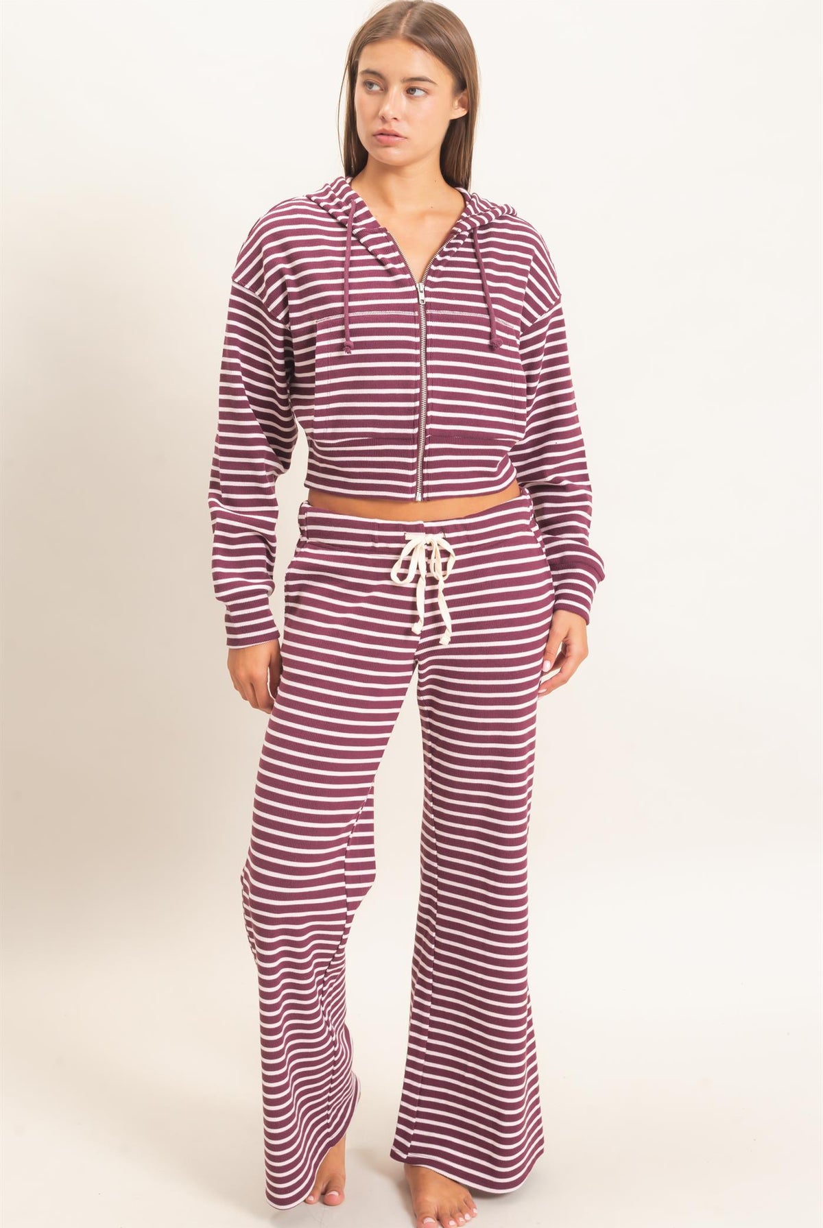 Wholesale Striped Zip-Up Hoodie Hoodies DZ26E433 DARK CHERRY DOUBLE ZERO