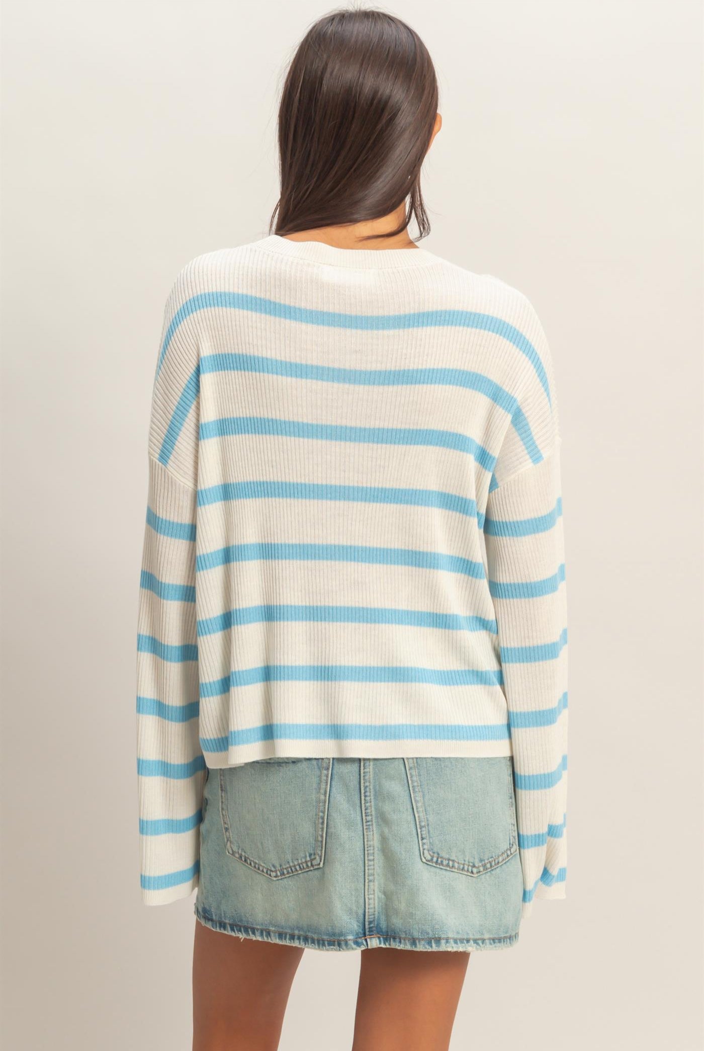 Wholesale Lightweight Wide-Sleeve Striped Sweater Clothing Tops DZ26A329 BLUE DOUBLE ZERO