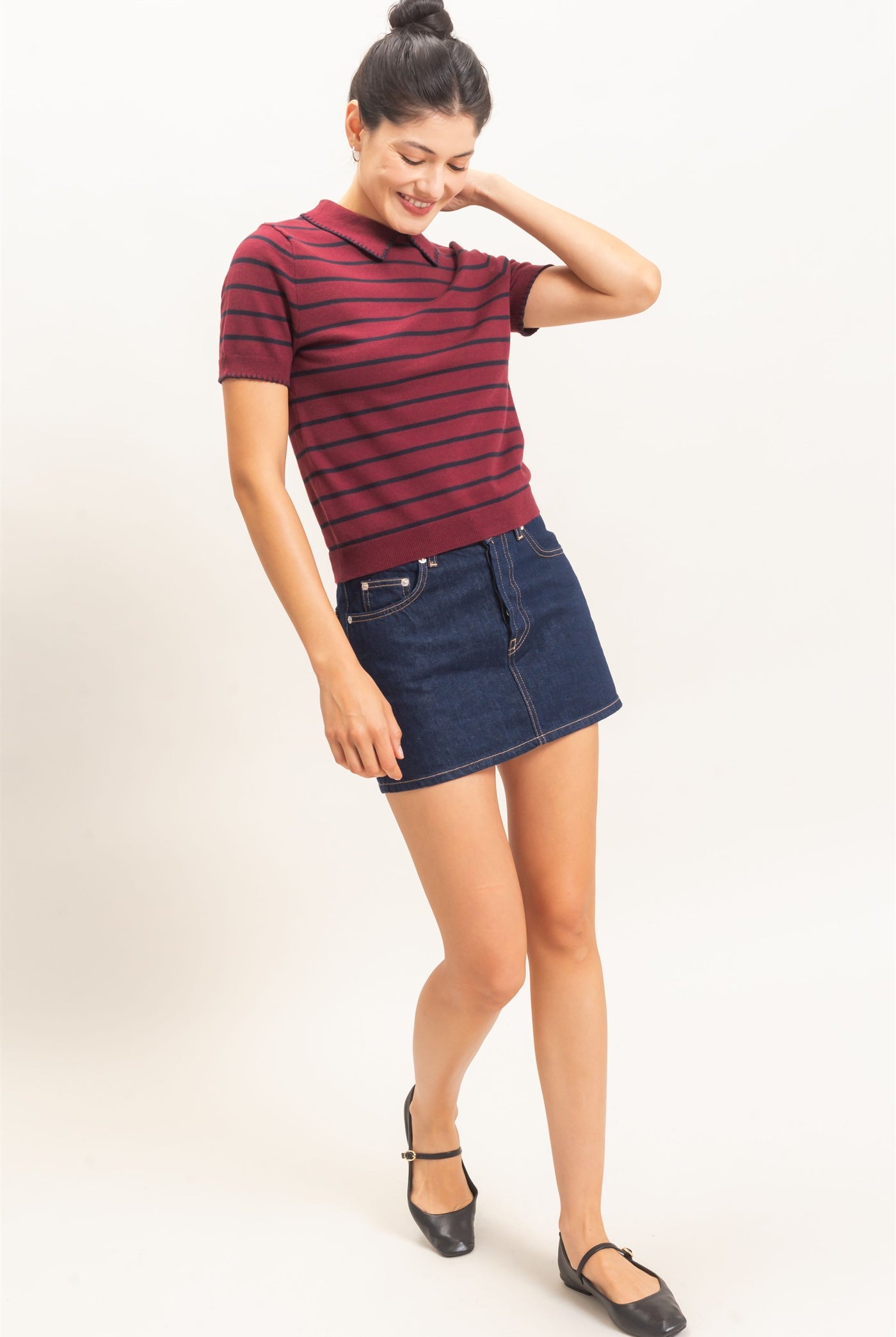 Wholesale Striped Polo Collar Sweater Sweaters HF26E233 BURGUNDY HYFVE