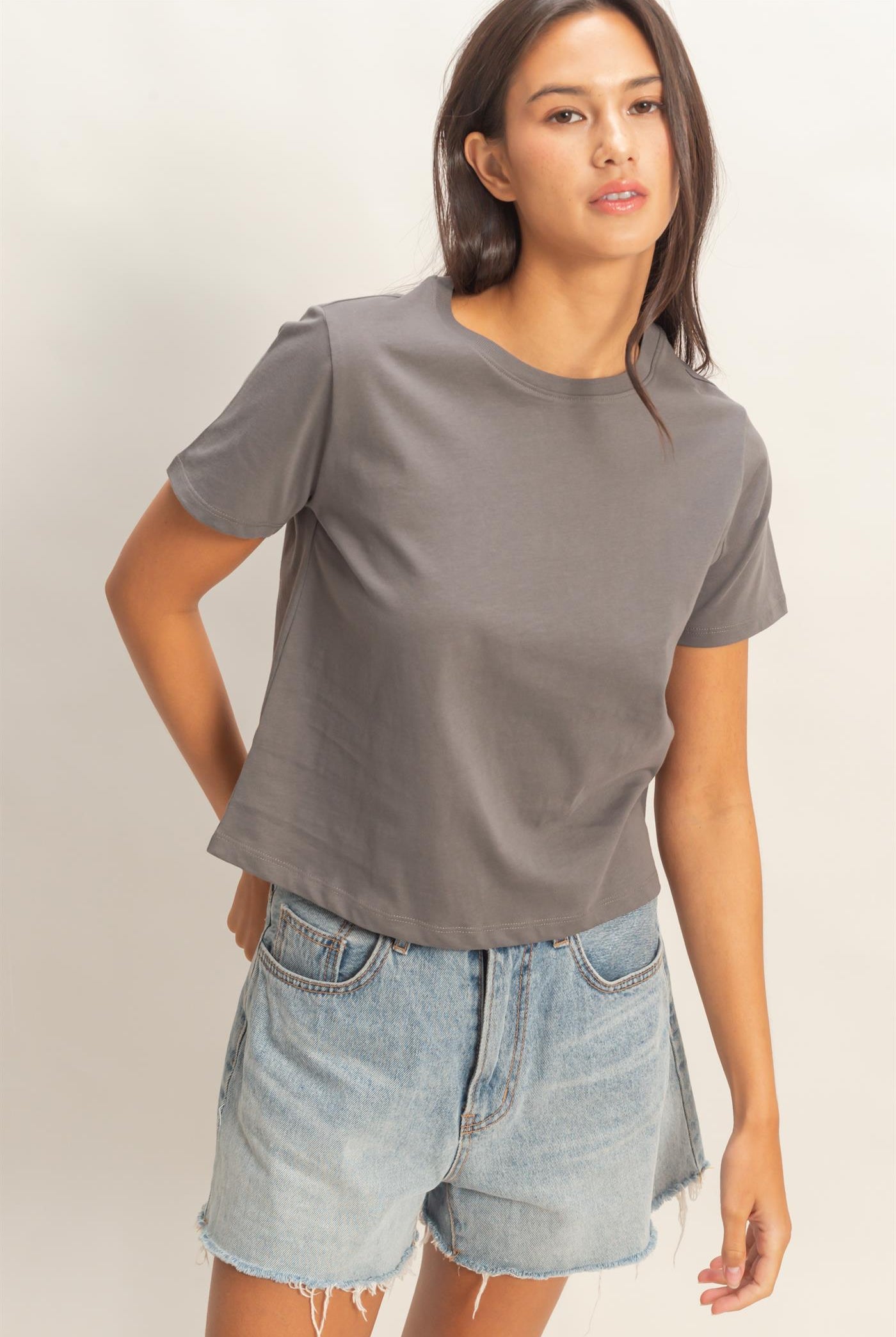 Wholesale Crew Neck Cotton T-Shirt Clothing Tops DZ26C412 CHARCOAL DOUBLE ZERO