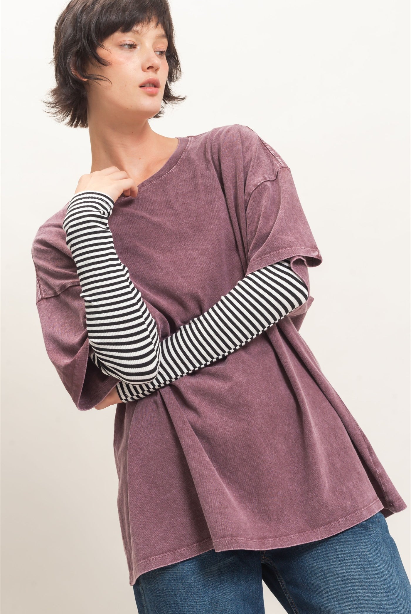 Wholesale Mineral Wash Oversized Crew Neck T-Shirts Clothing Tops DZ26C961 DARK CHERRY DOUBLE ZERO
