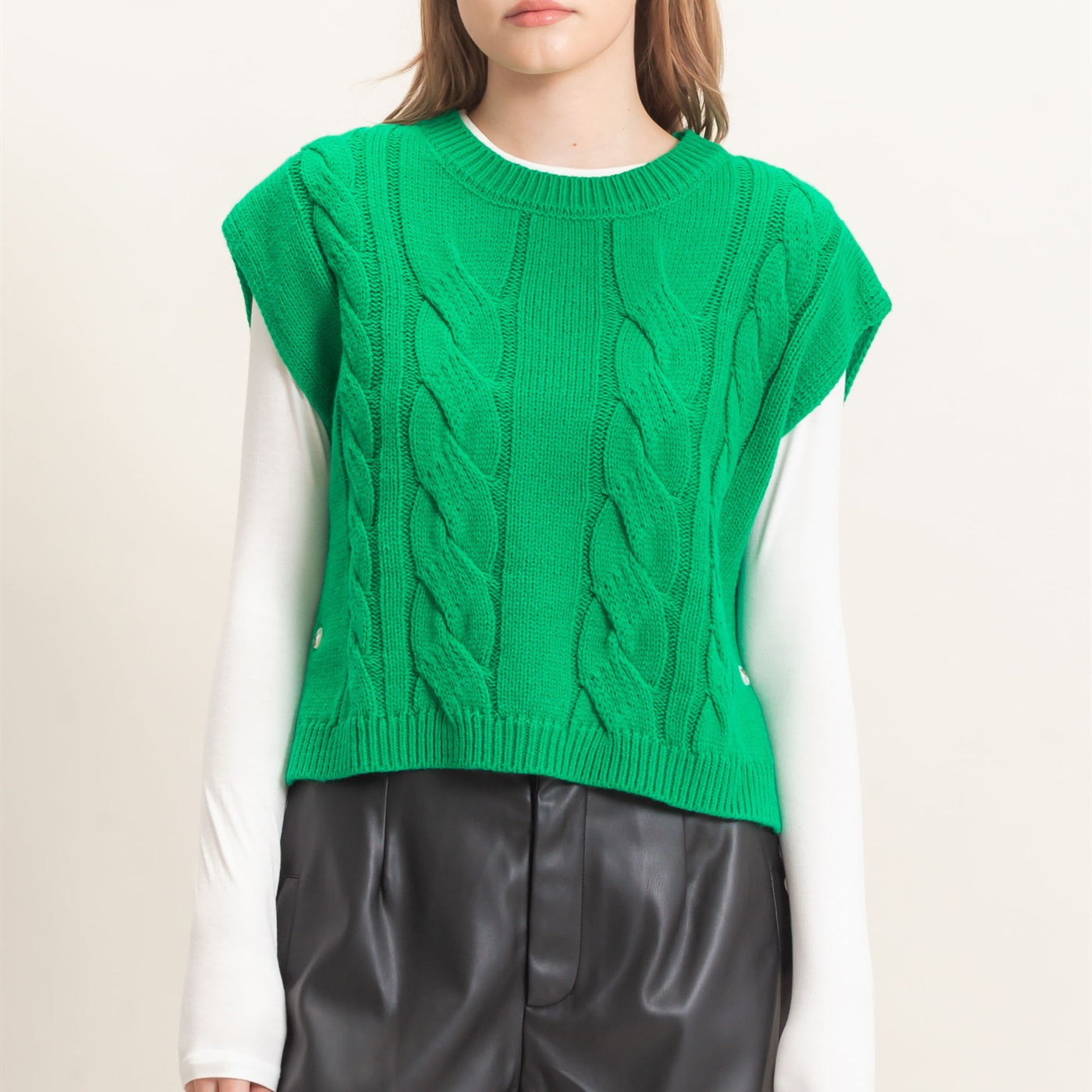 Wholesale Cable Knit Vest With Side Buttons Sweaters HF26F193 GREEN HYFVE