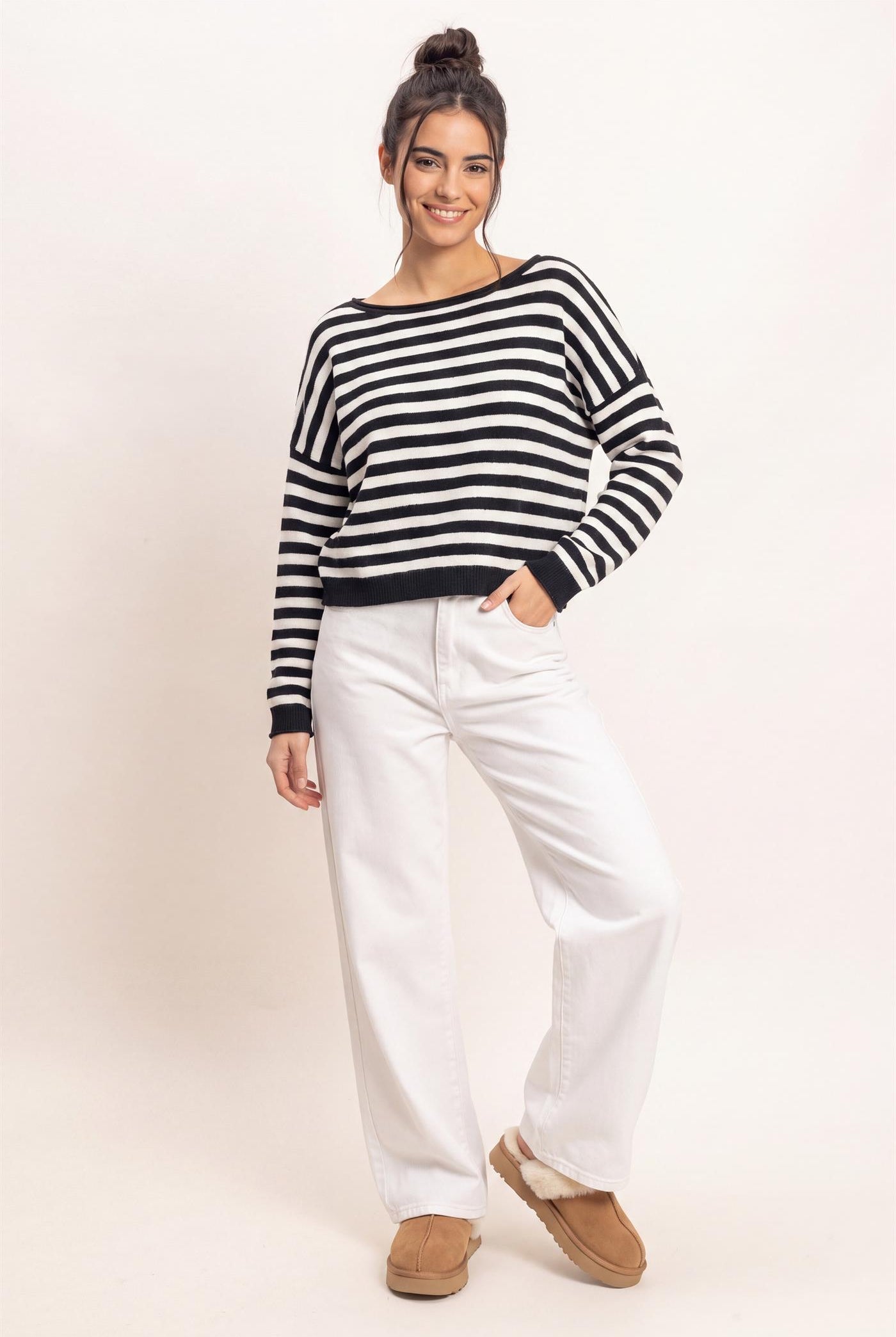 Wholesale Off The Shoulder Striped Sweater Sweaters DZ26E653 BLACK DOUBLE ZERO