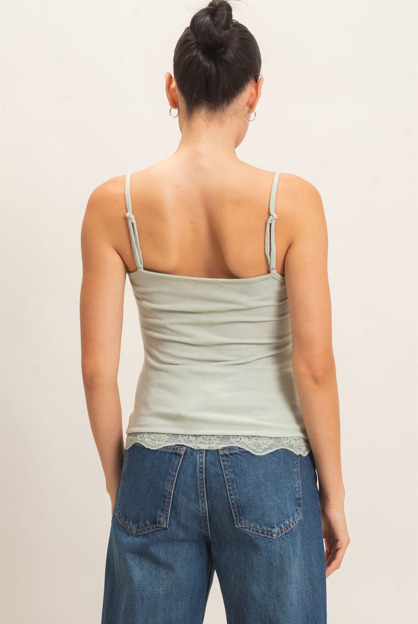 Wholesale Knit Lace Trim Camisole Tank Tops HF26E014 SAGE GEEEN HYFVE