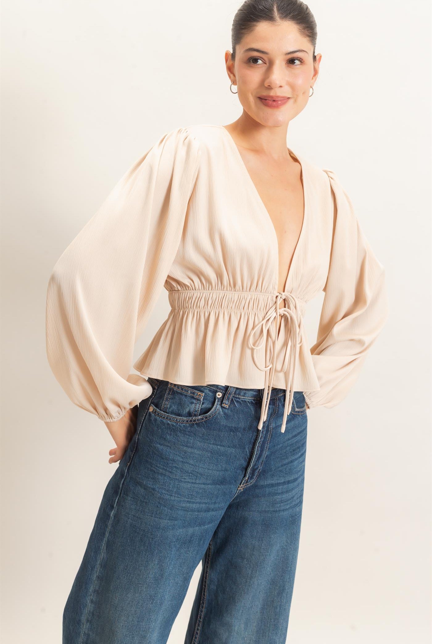 Wholesale Plunging Tie-Front Blouse Blouses HF26F082 CHAMPAGNE HYFVE