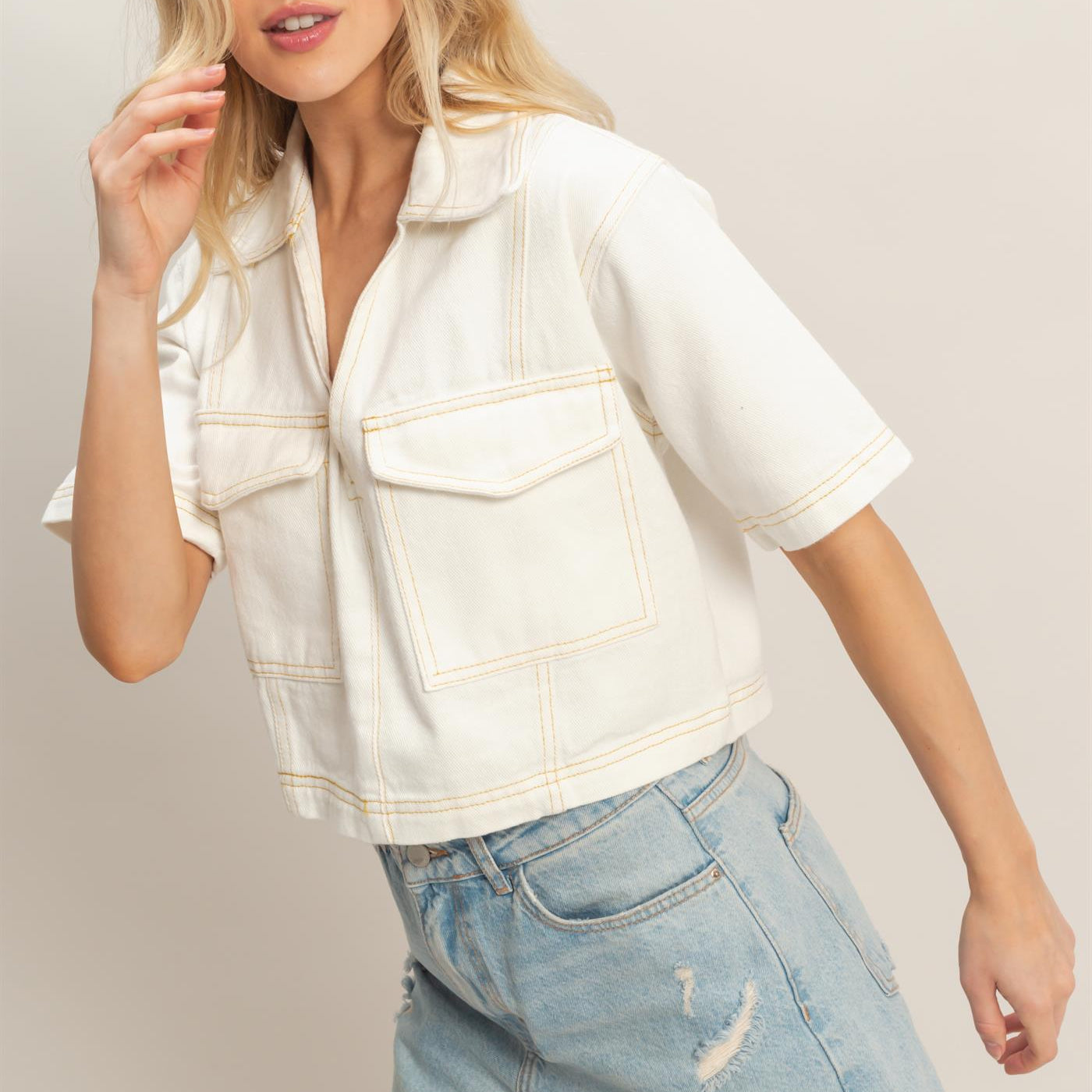 Wholesale Denim V-Neck Cropped Top Clothing Tops HF26C295 WHITE HYFVE