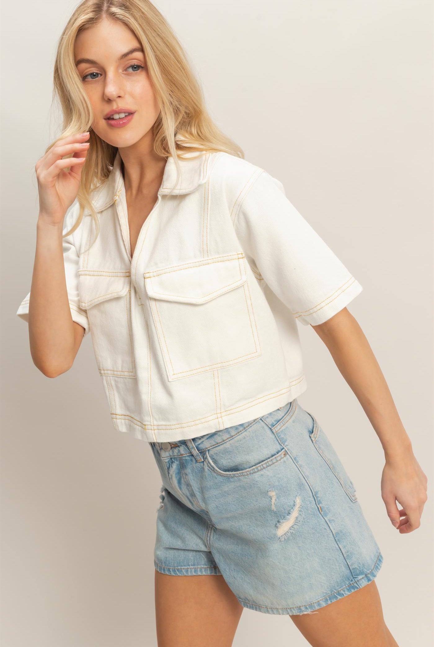 Wholesale Denim V-Neck Cropped Top Clothing Tops HF26C295 WHITE HYFVE