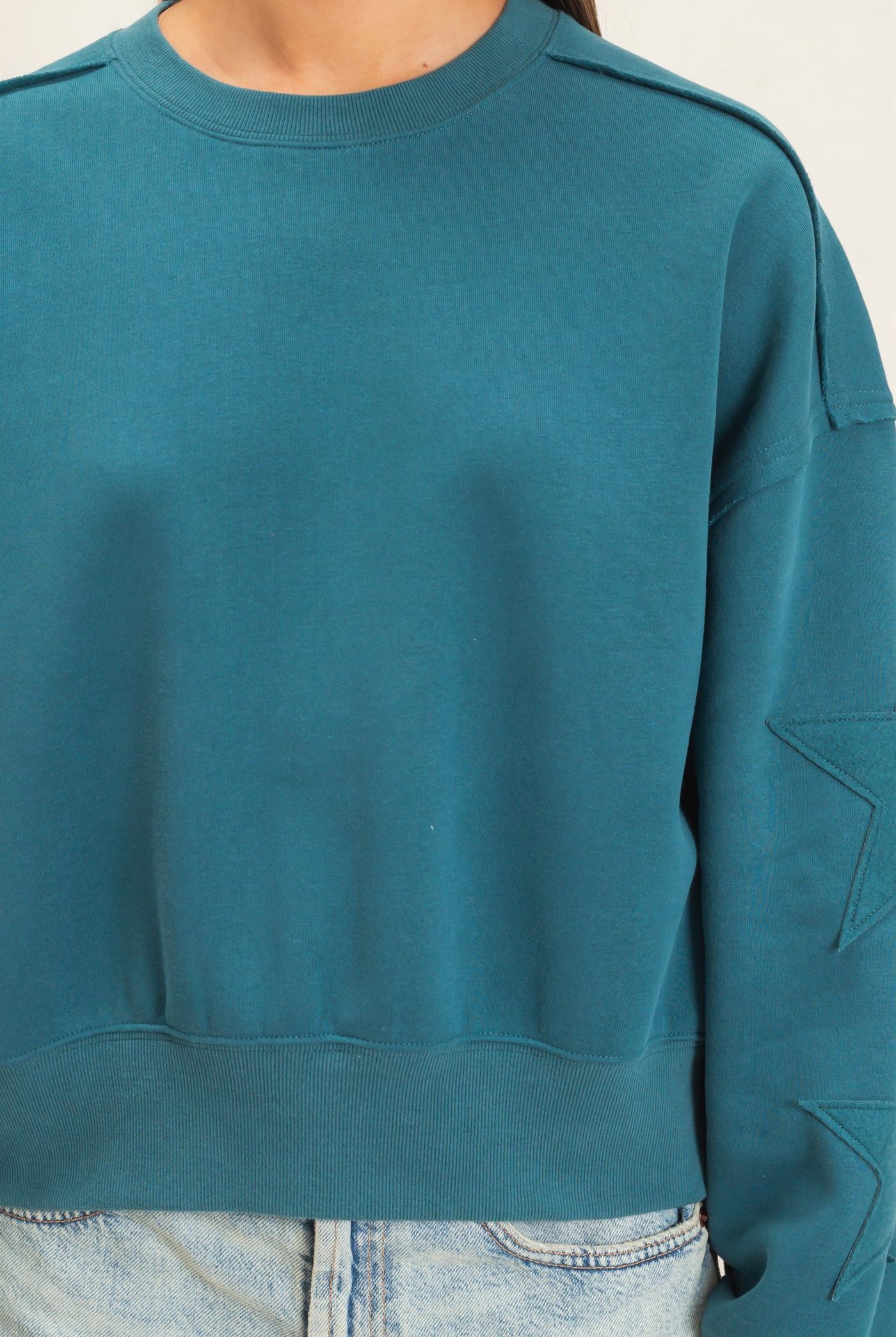 Wholesale Star Patch Sleeve Sweatshirt Sweatshirts DZ26E888 DARK TEAL DOUBLE ZERO