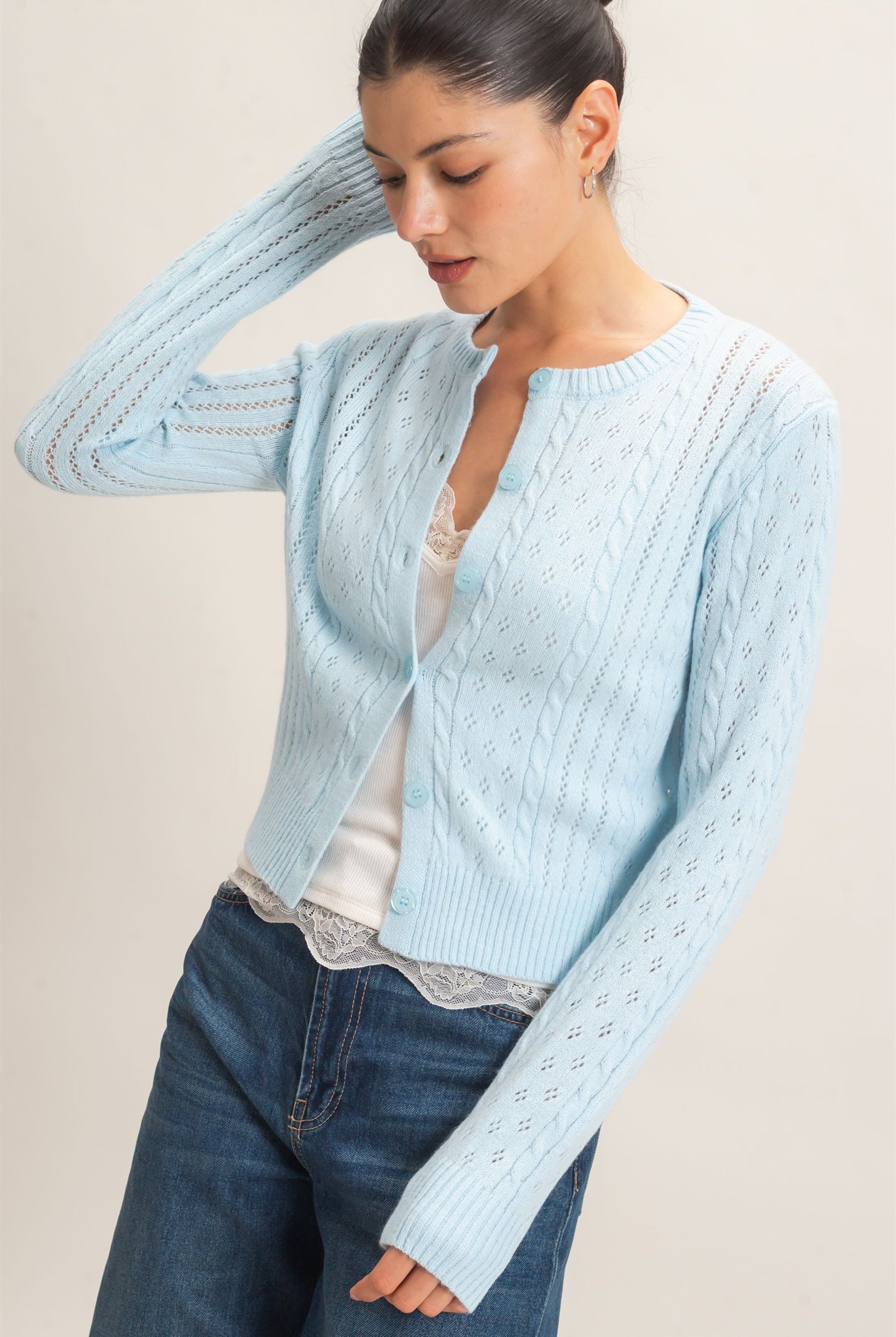Wholesale Cable Knit Cardigan Cardigans HF26E150 BLUE HYFVE