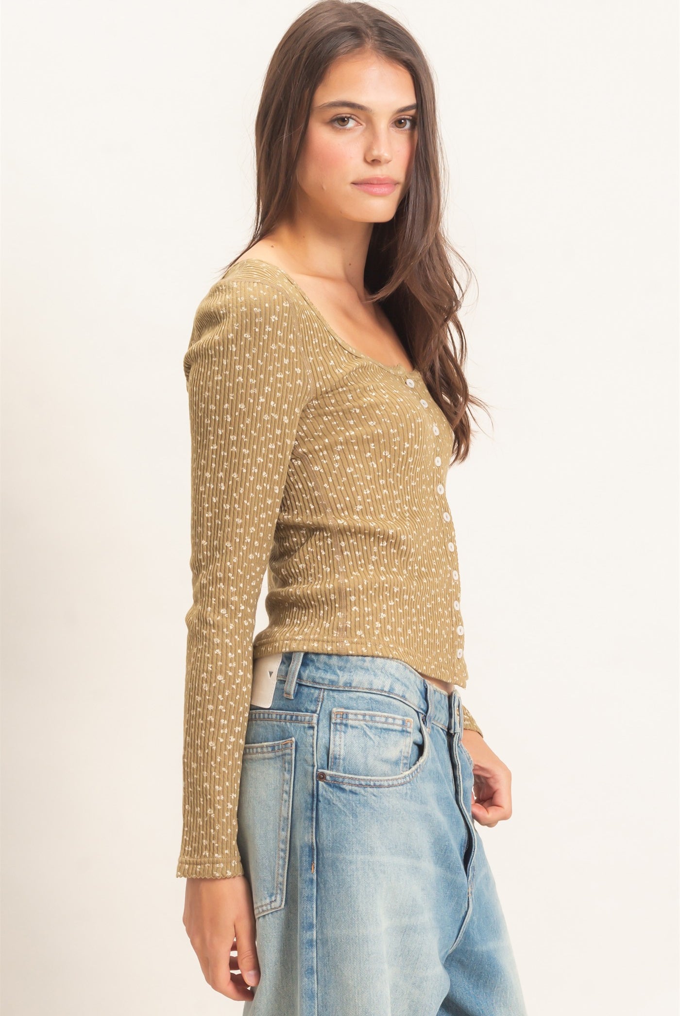 Wholesale Square Neck Button-Up Top Clothing Tops HF26E675 OLIVE HYFVE