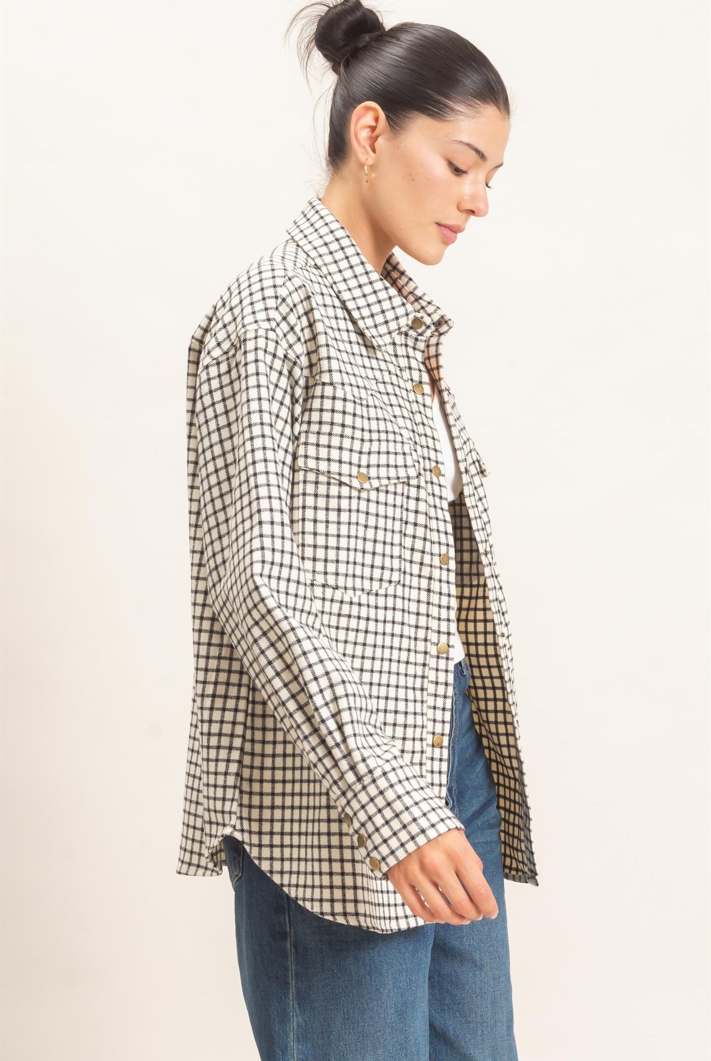 Wholesale Plaid Button-Up Shirt Clothing Tops HF25F450 WHITE HYFVE