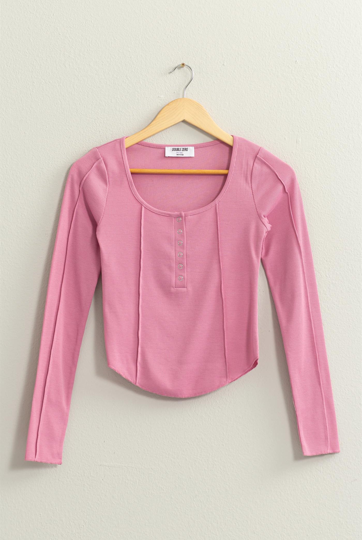 Wholesale Ribbed Long Sleeve Button Front Top Clothing Tops DZ25A025 ROSE PINK DOUBLE ZERO