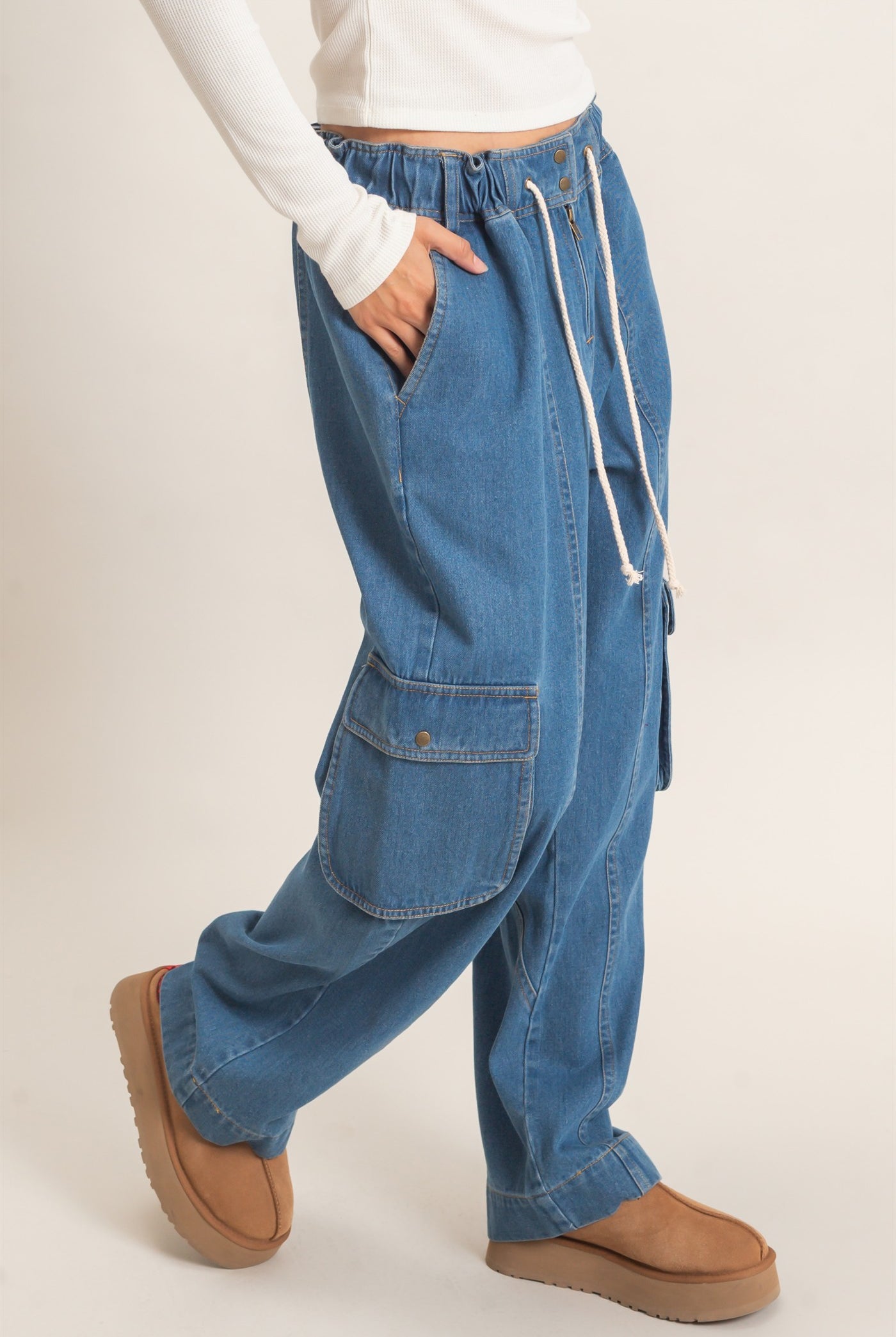 Wholesale Drawstring Cargo Denim Pants Pants HF26E182 LIGHT DENIM HYFVE