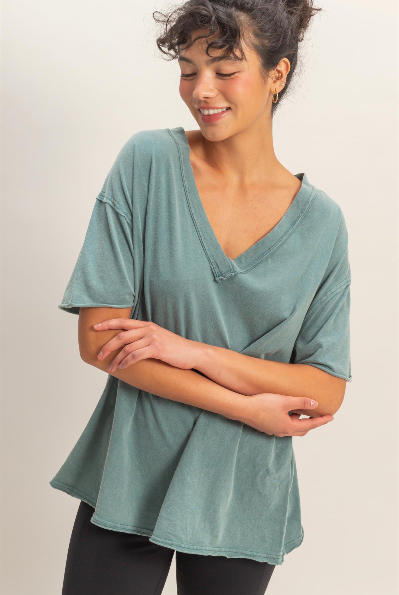 Wholesale Washed V-Neck Oversized Tee Clothing Tops DZ26A760 DARK TEAL DOUBLE ZERO