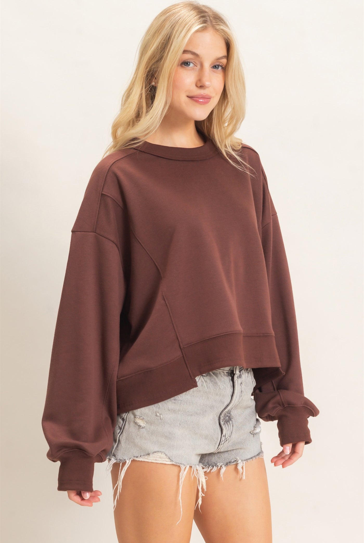 Wholesale Ribbed Crew Neck Sweatshirt Sweatshirts HF26F087 BROWN HYFVE