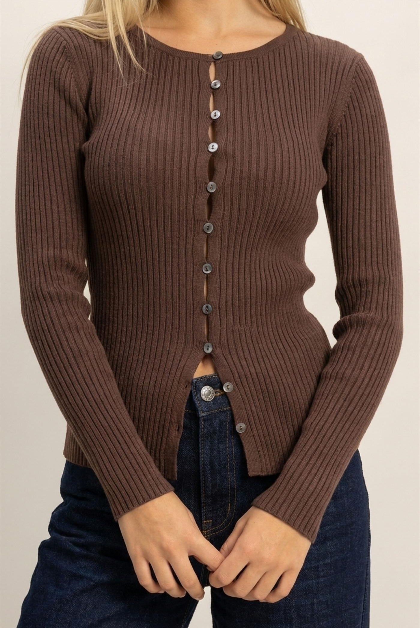 Wholesale Ribbed Button Front Cardigan Cardigans DZ26E322 DARK BROWN DOUBLE ZERO