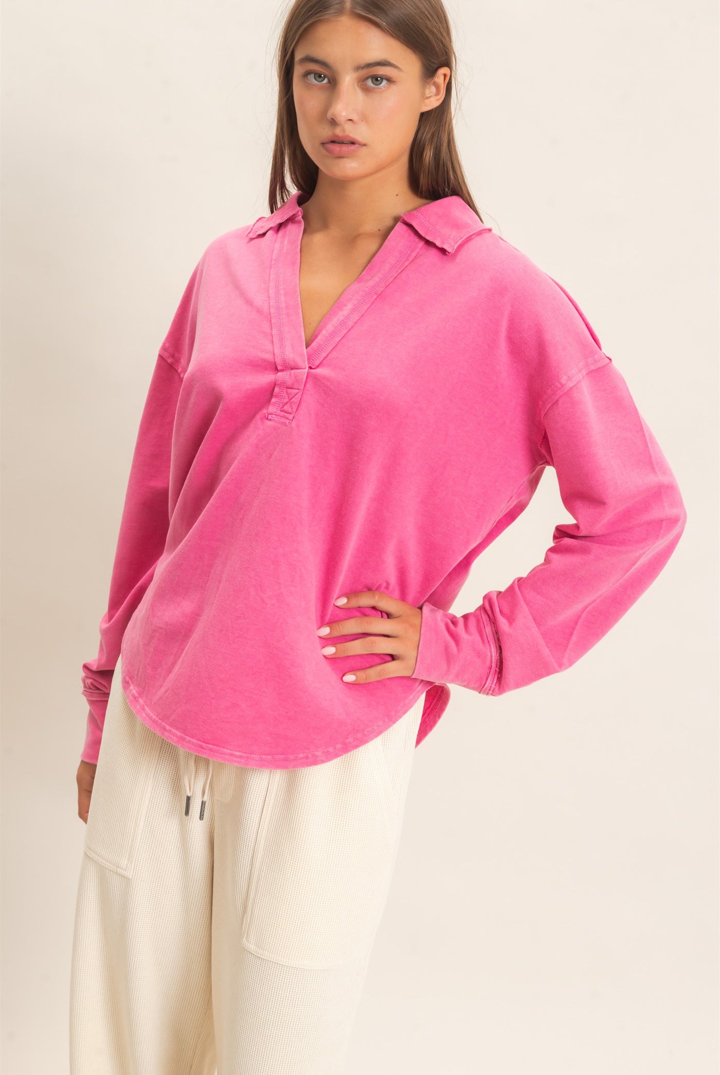 Wholesale Mineral Washed Polo Collar Long Sleeve Top Polos DZ26E887 FUCHSIA DOUBLE ZERO