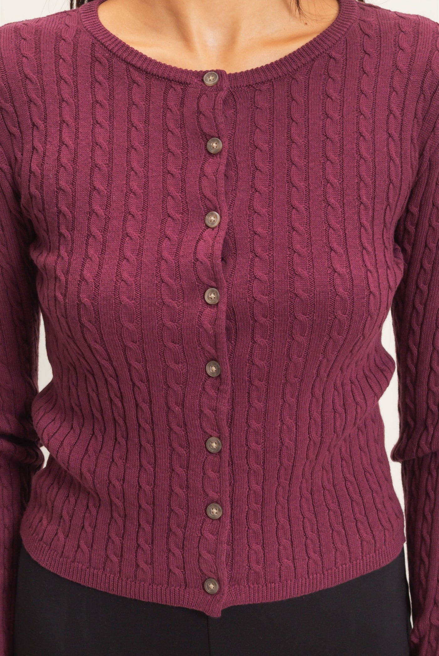 Wholesale Cable Knit Cardigan Cardigans DZ26E256 DARK CHERRY DOUBLE ZERO