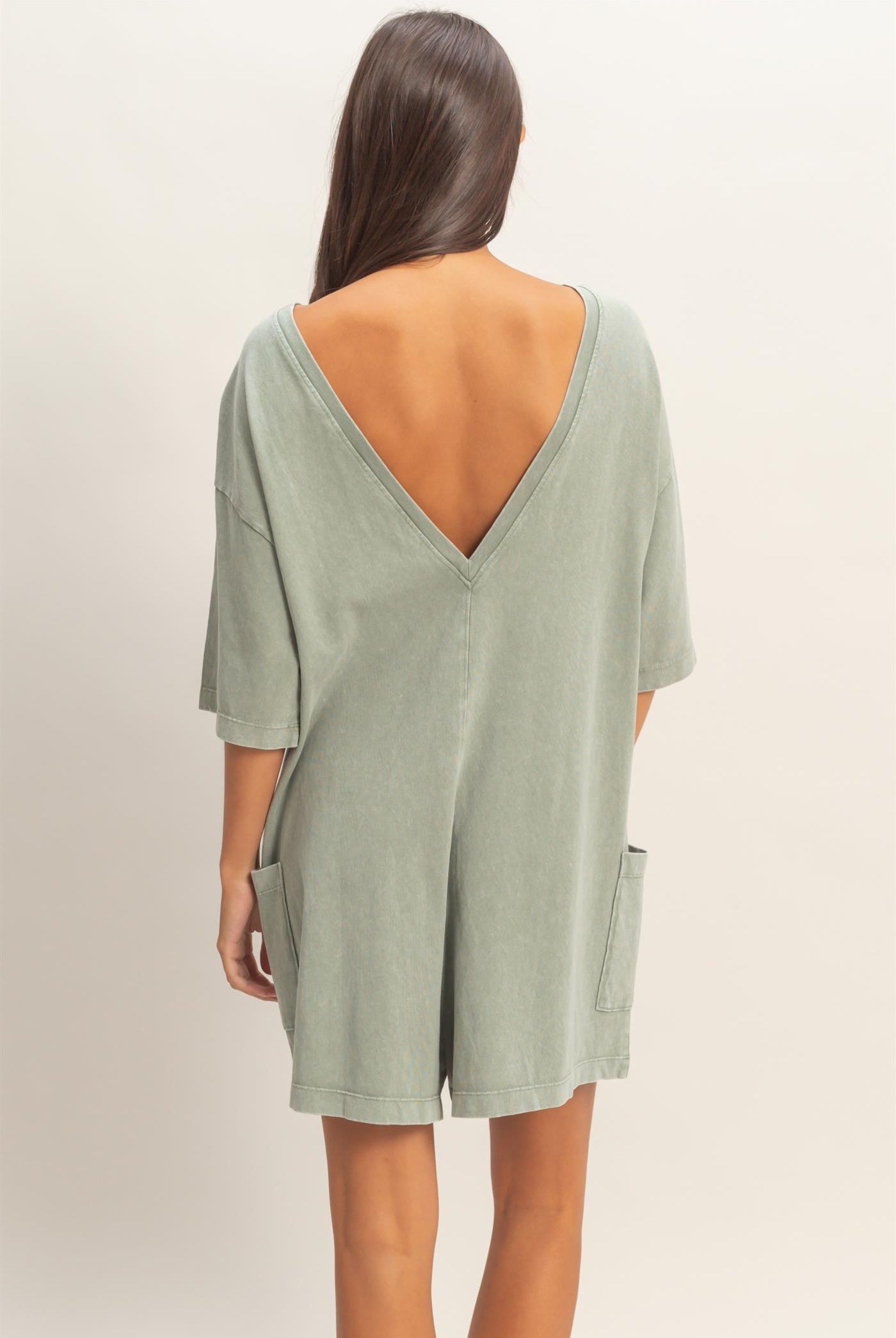 Wholesale Mineral Washed V-Back Romper Clothing DZ26A326 SAGE GREEN HYFVE