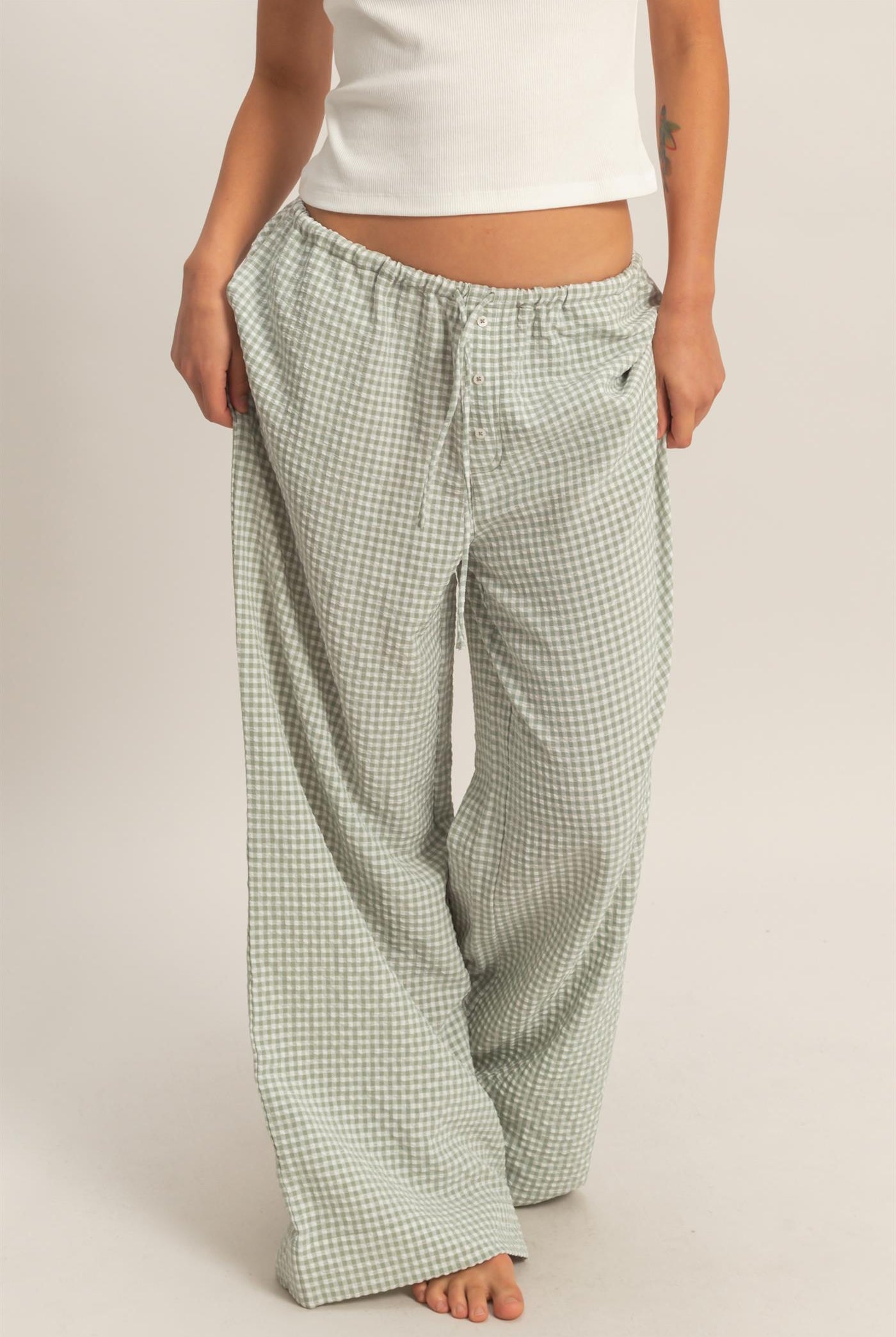Wholesale Gingham Drawstring Wide-Leg Pants Pants DZ26C202 SAGE GREEN DOUBLE ZERO