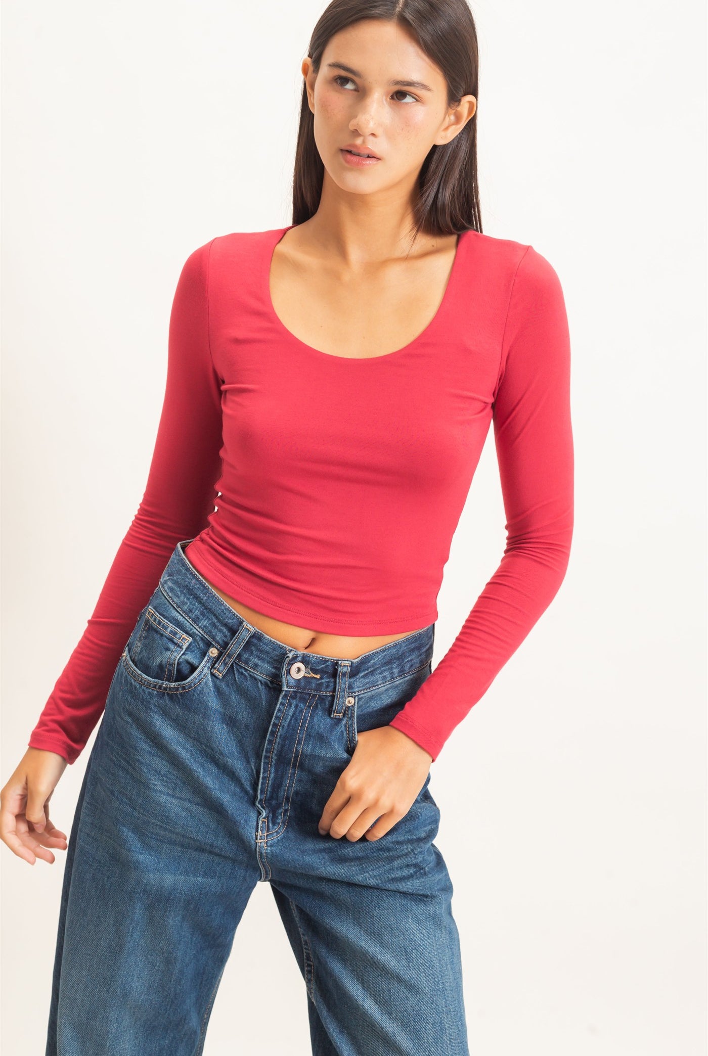 Wholesale Scoop Neck Long Sleeve Top Clothing Tops DZ26E250 DARK RED DOUBLE ZERO