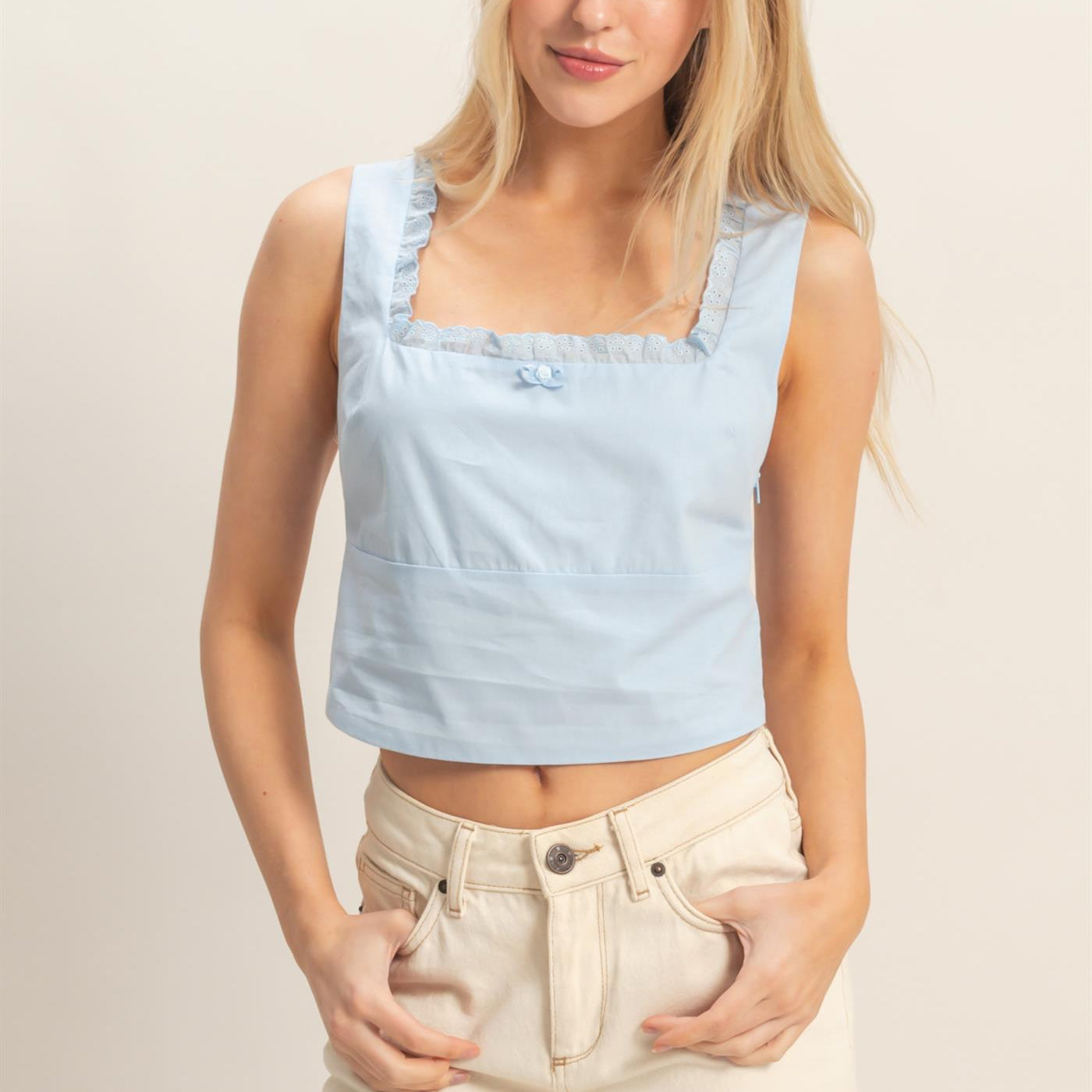 Wholesale Lace Square Neck Tank Clothing Tops HF26A008 L.BLUE HYFVE