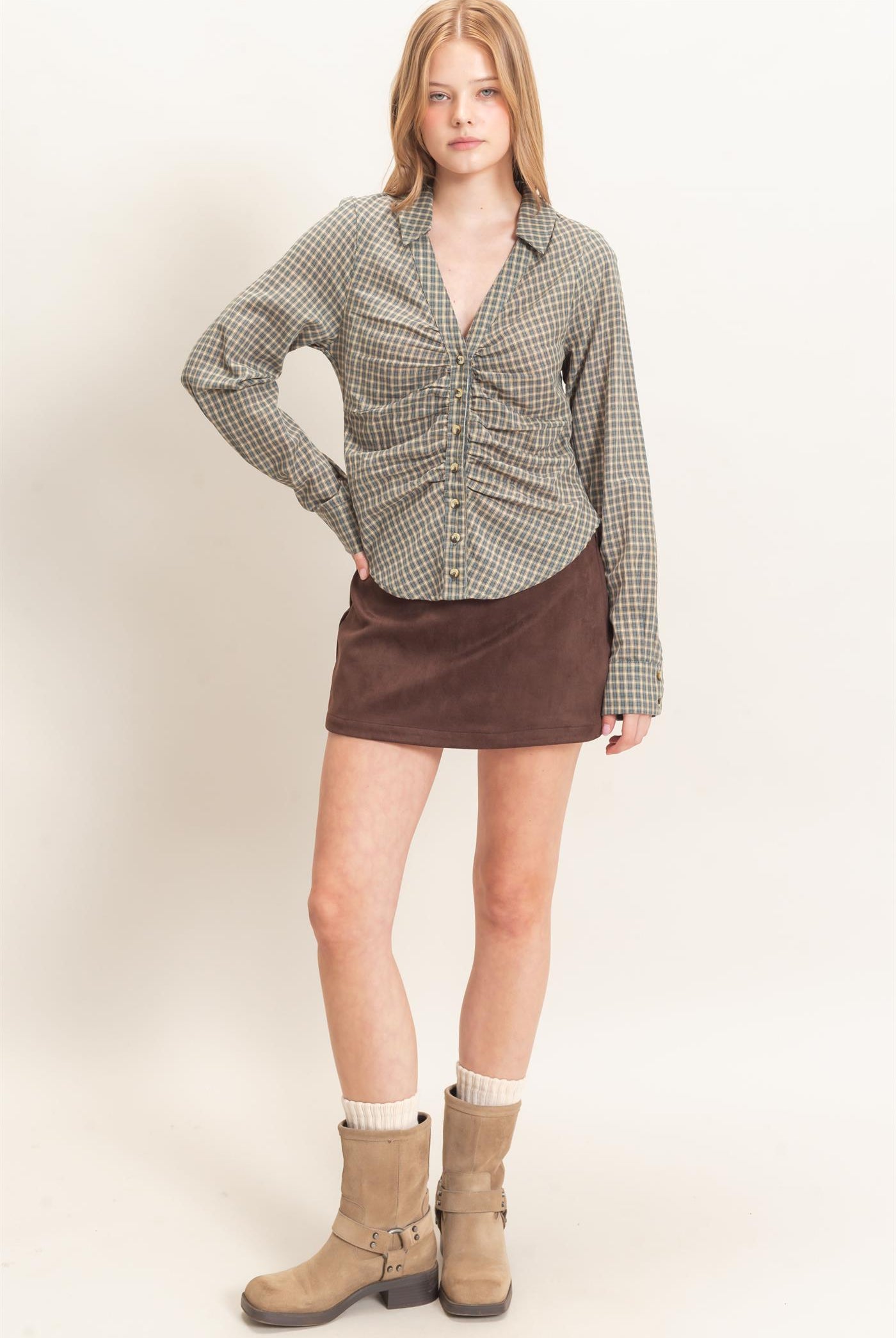 Wholesale Ruched Button-Down Shirt Blouses HF26E348 TEAL BLUE HYFVE