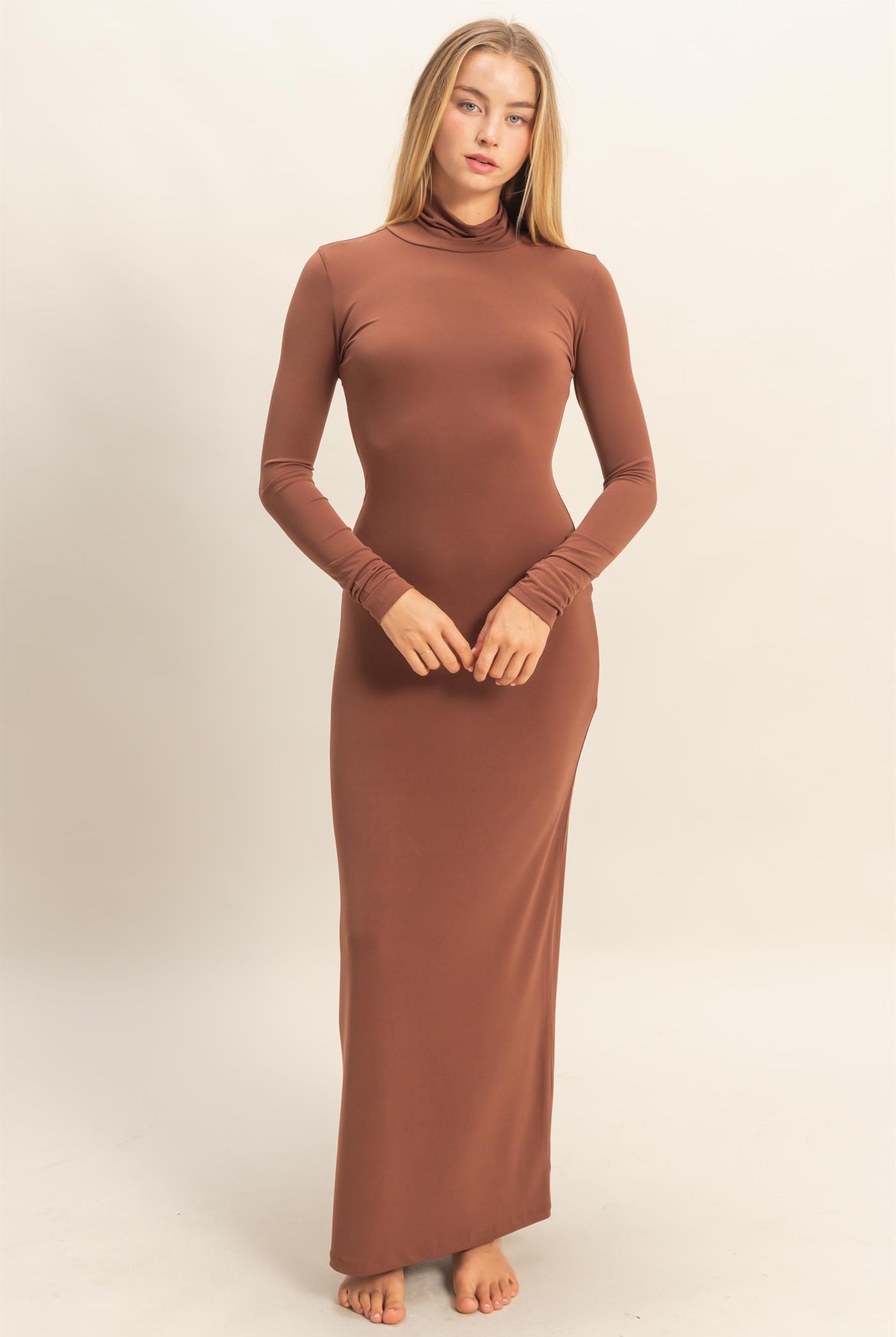 Wholesale Turtleneck Long Sleeve Maxi Dress Dresses DZ25F129 CHESTNUT DOUBLE ZERO