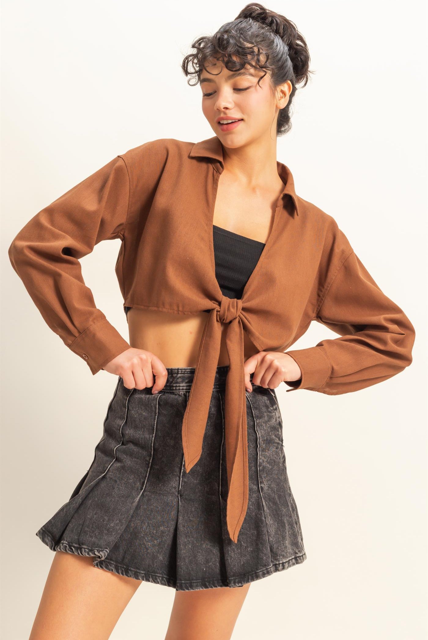 Wholesale Sand Washed Tie Front Crop Top Blouses DZ24C963 CHESTNUT DOUBLE ZERO