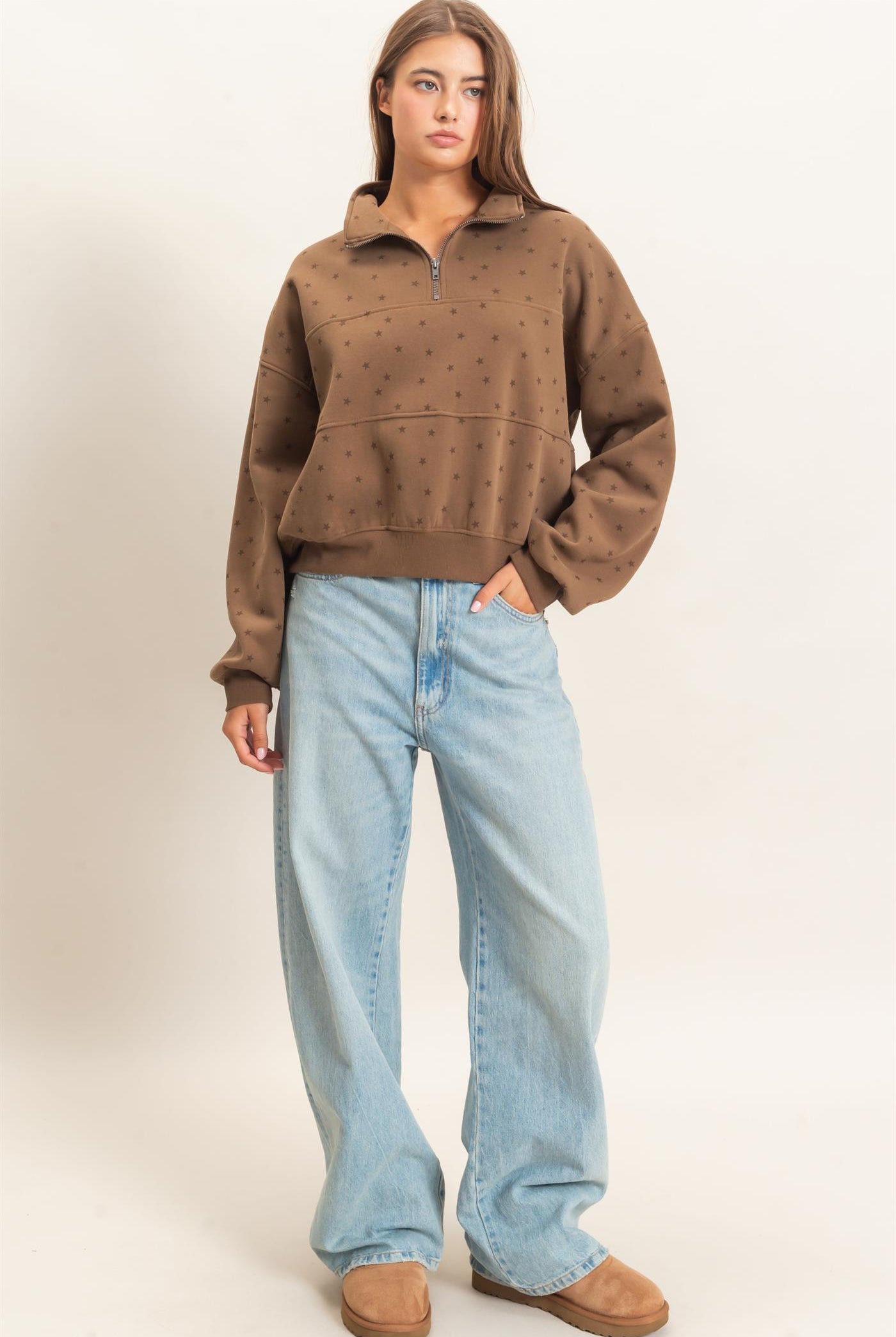 Wholesale Star Print Half Zip Sweatshirt Sweatshirts DZ26E245 MOCHA DOUBLE ZERO