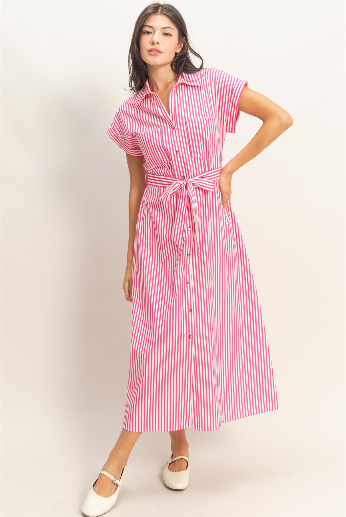 Wholesale Striped Poplin Belted Shirt Dress With Pockets Dresses DZ26C129 PINK DOUBLE ZERO