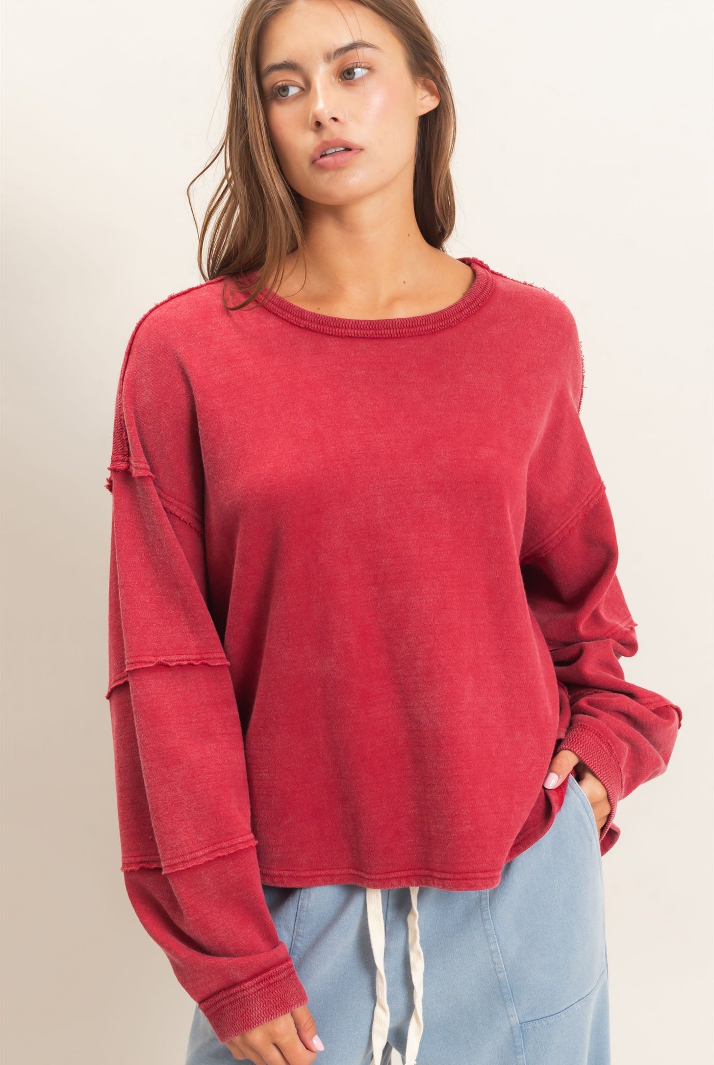 Wholesale Mineral Wash Overzised Raw Edge Crew Neck Top Clothing Tops DZ26E449 DARK RED DOUBLE ZERO