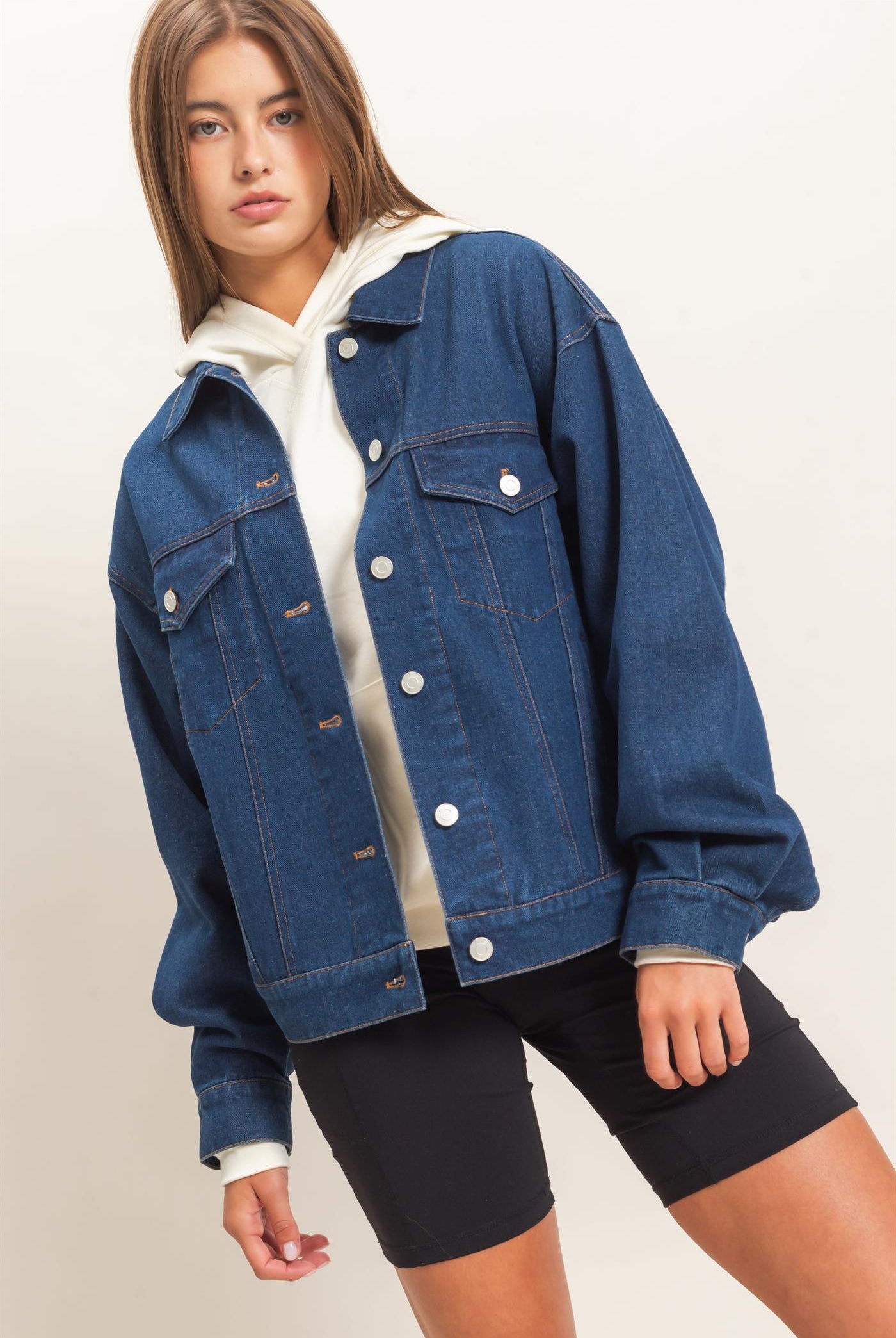 Wholesale Oversized Denim Trucker Jacket Coats & Jackets DZ26E804 DARK BLUE DOUBLE ZERO