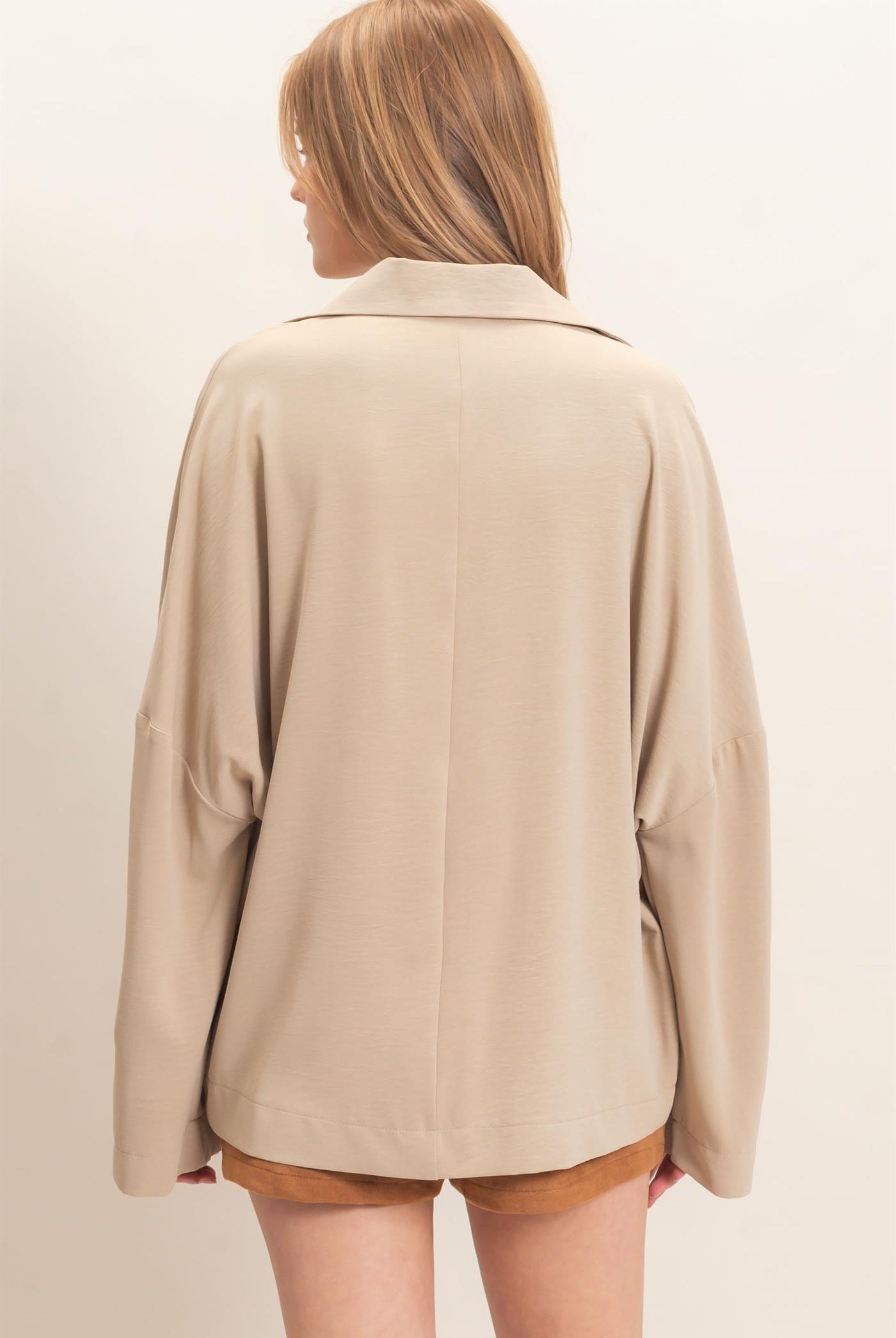 Wholesale Buttoned Collar Split Sleeve Top Clothing Tops HF26F071 BEIGE HYFVE