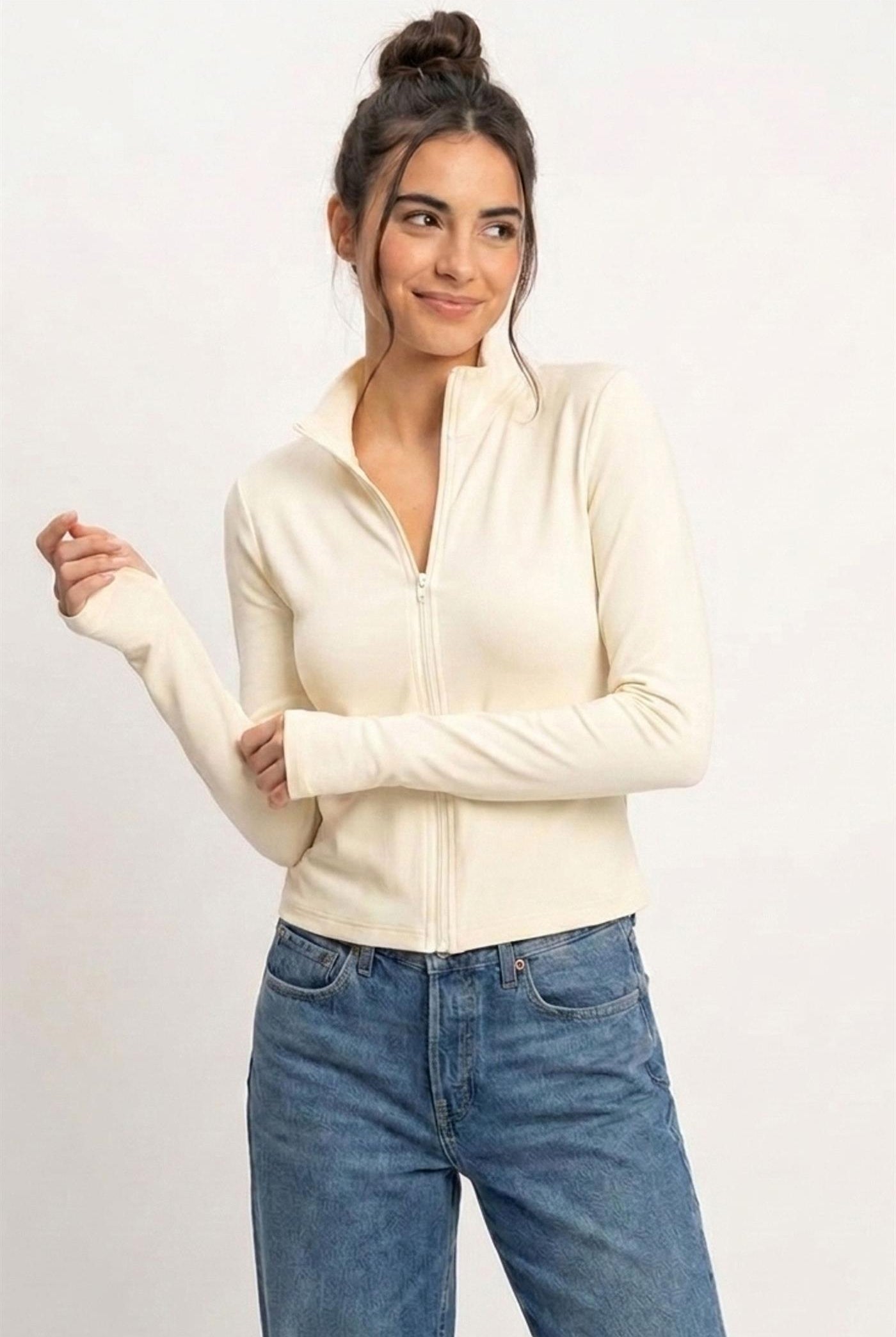 Wholesale Mock Neck Long Sleeve Zip Up Top Clothing Tops DZ26E911 CREAM DOUBLE ZERO