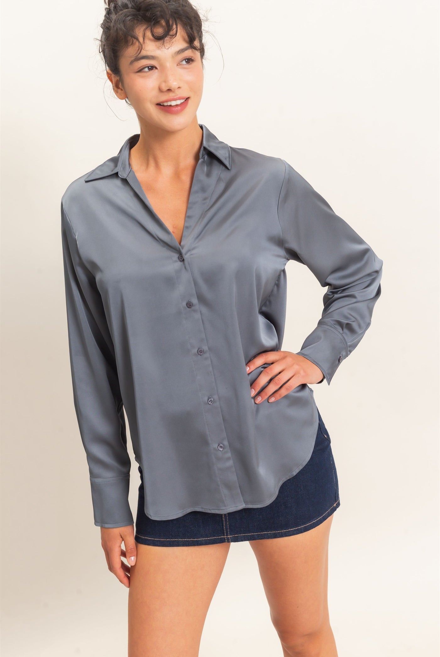 Wholesale Satin Button-Down Shirts Shirts DZ26E265 DARK GRAY DOUBLE ZERO