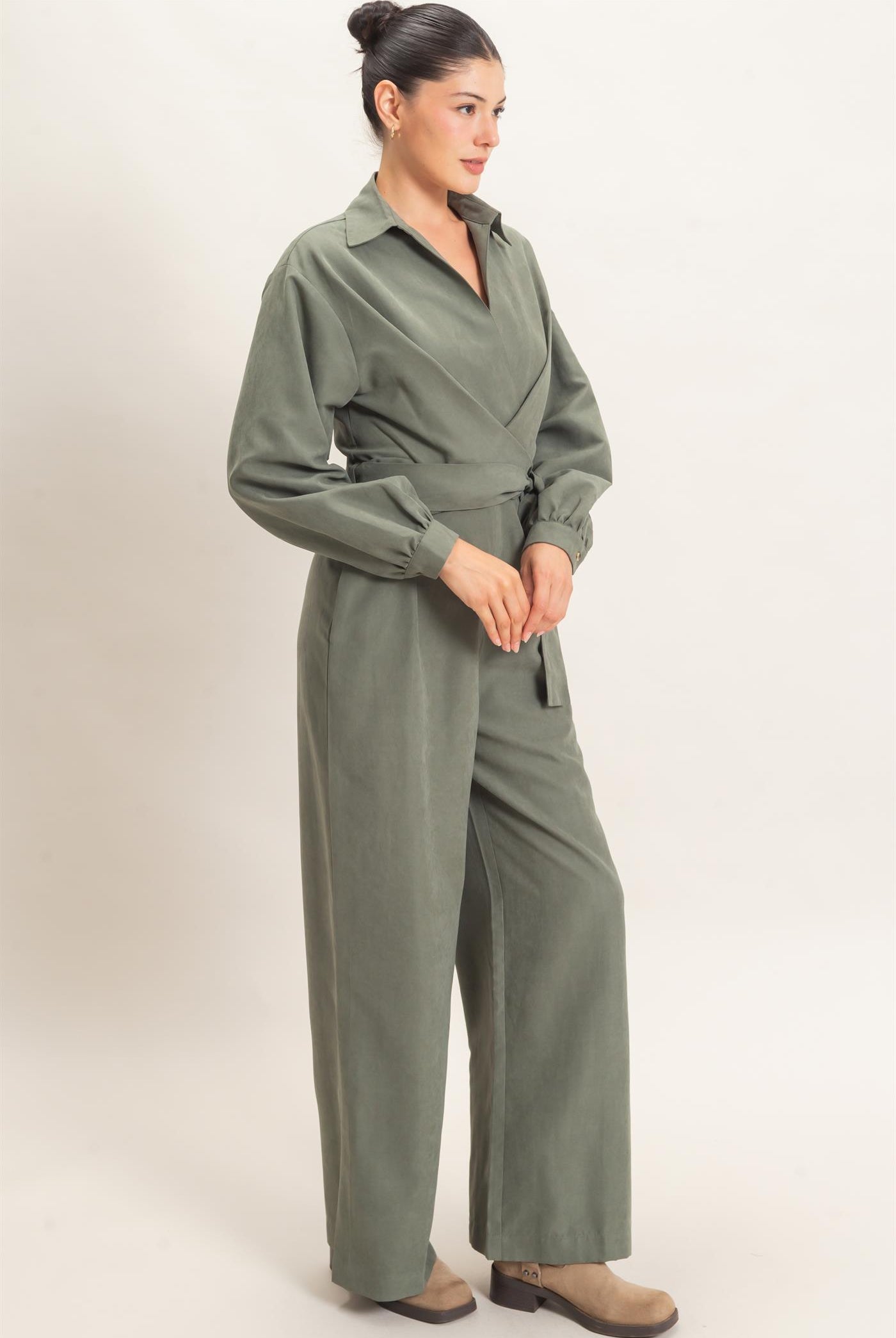 Wholesale Collared Wrap Suede Jumpsuit Clothing HF26C905 FOREST GREEN HYFVE