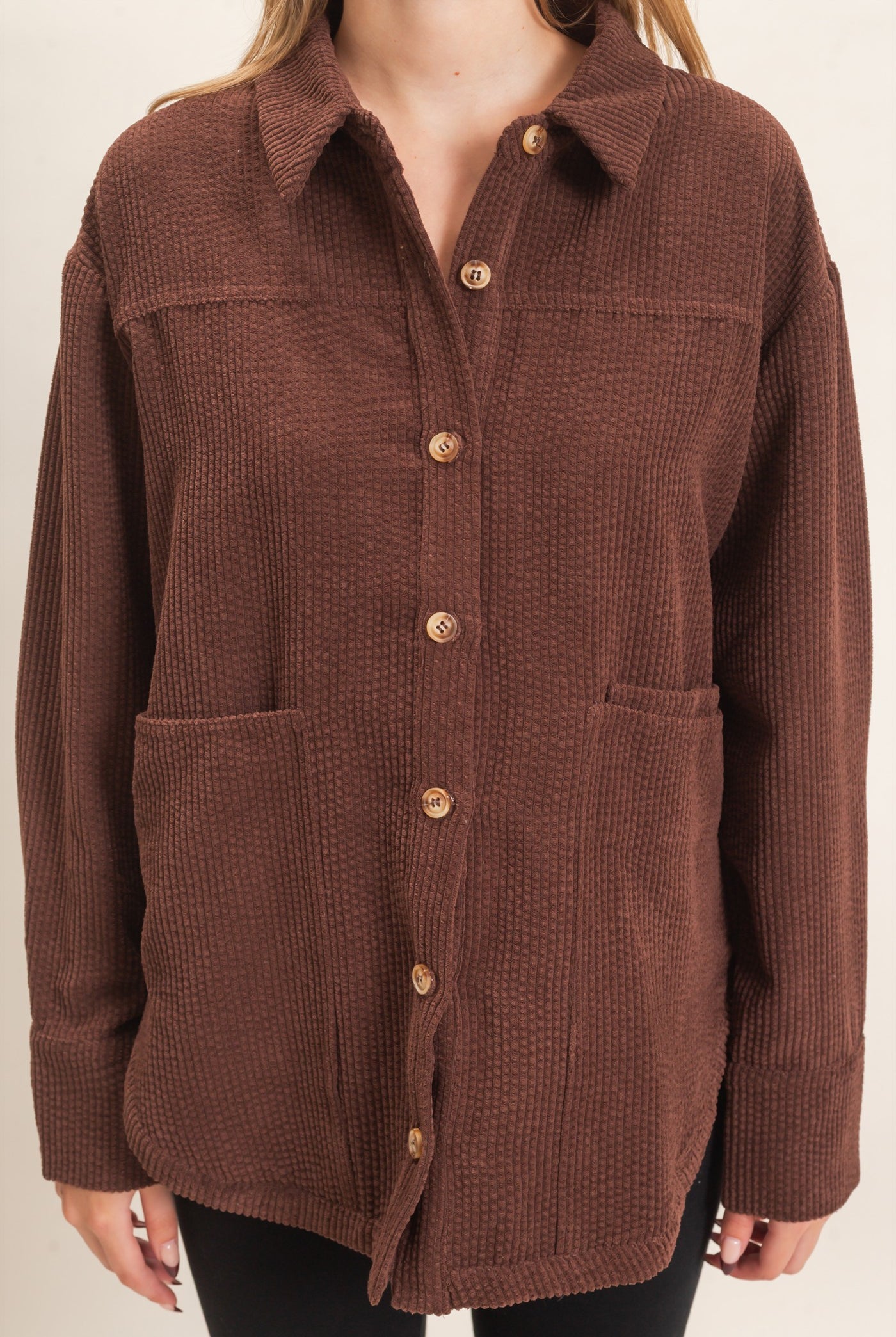 Wholesale Corduroy Button-Up Shirt Outerwear HF26F163 CHOCOLATE HYFVE
